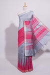 Grey Plain Art Tussar Saree with Self Border and Contrast Blouse
