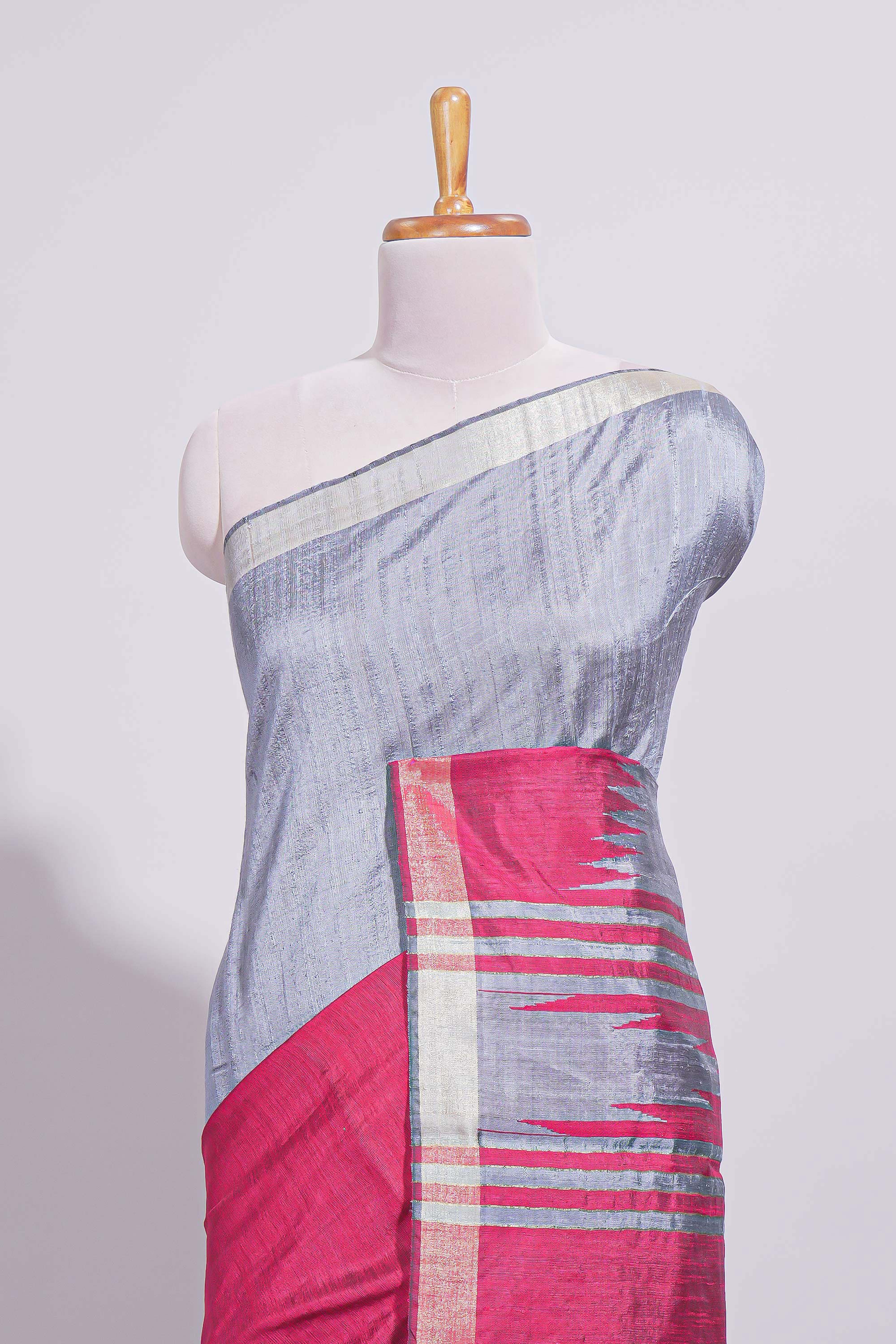 Grey Plain Art Tussar Saree with Self Border and Contrast Blouse