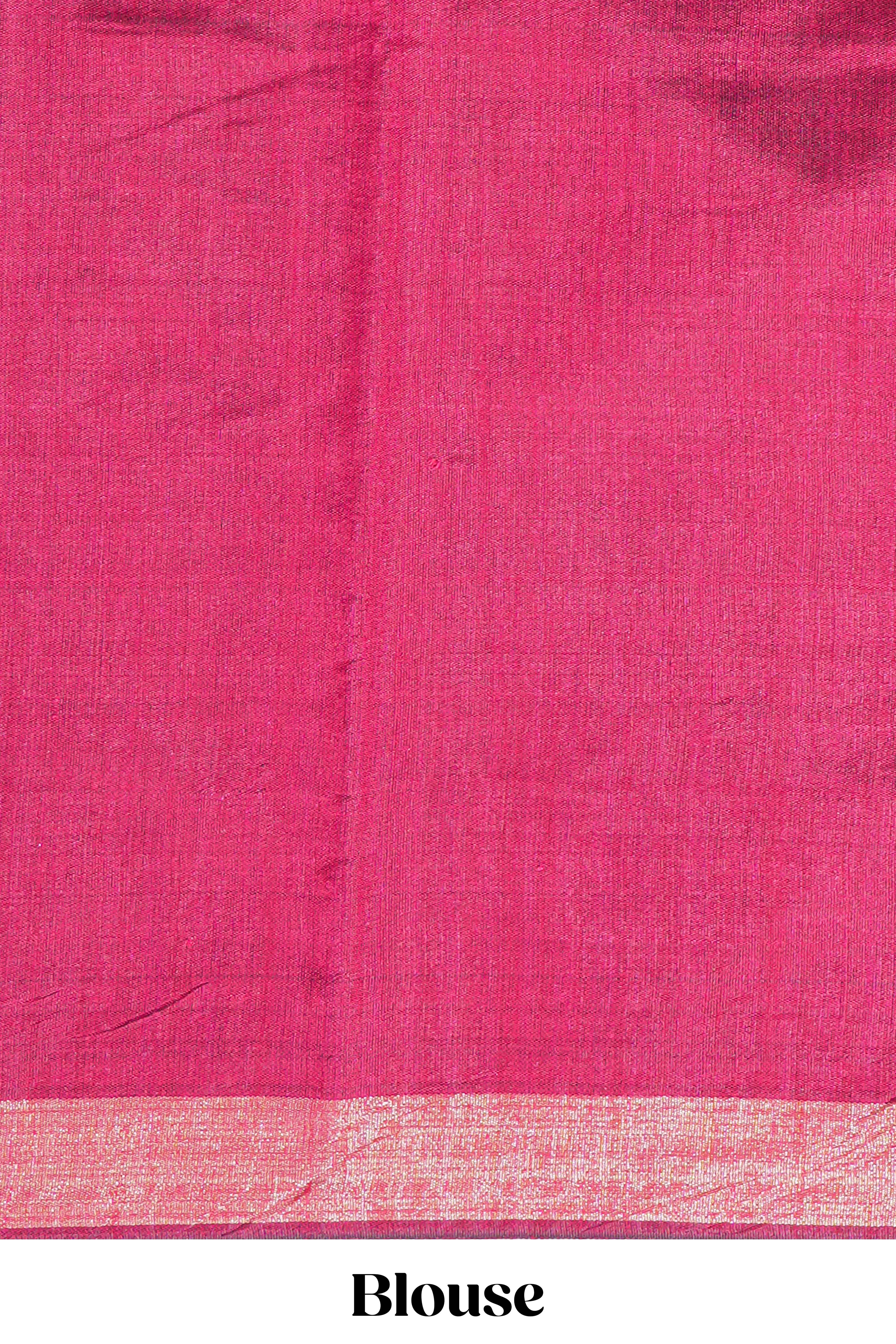 Grey Plain Art Tussar Saree with Self Border and Contrast Blouse