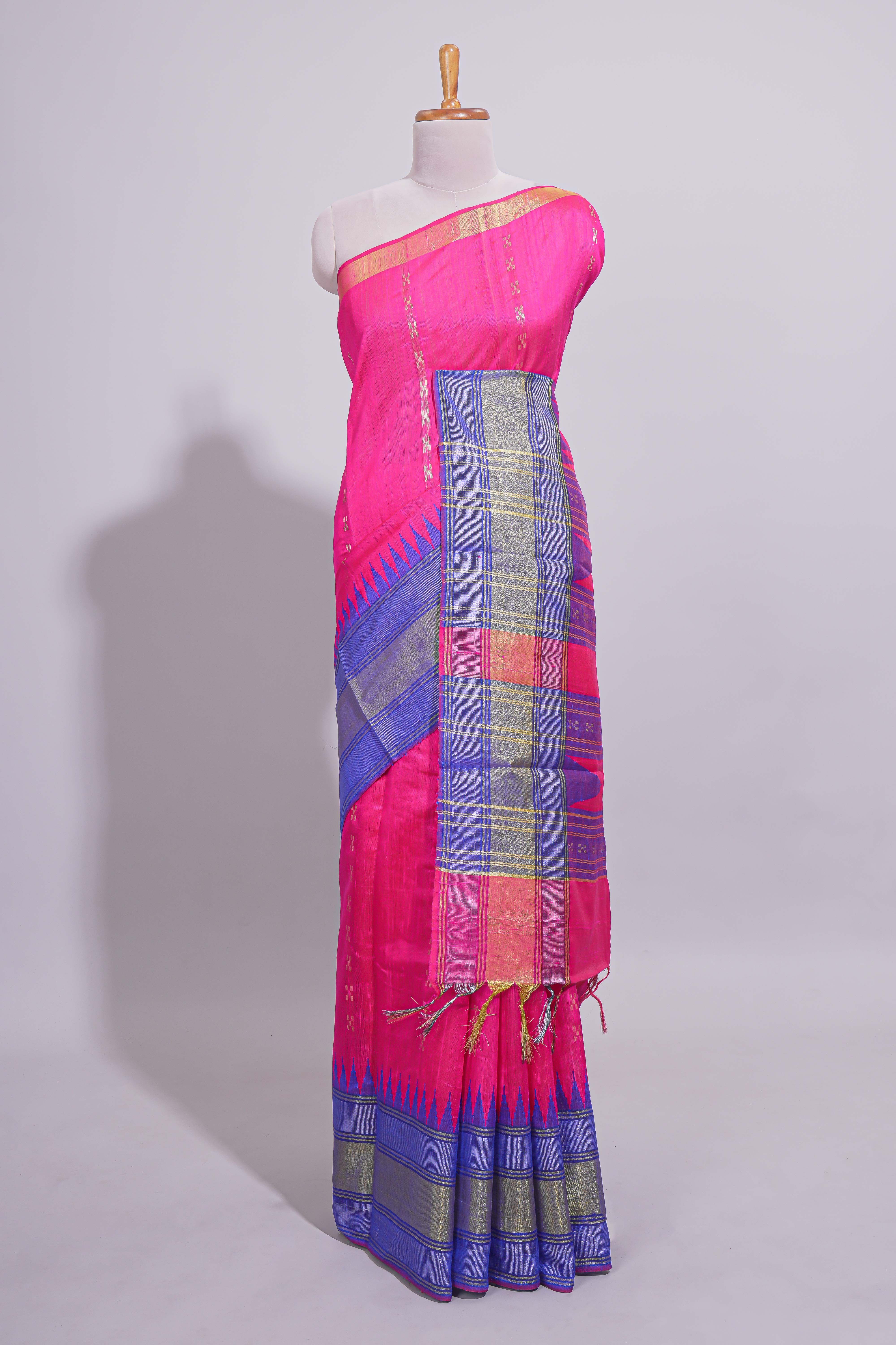 Pink Zari Design Art Tussar Saree with Self Zari Border and Contrast Blouse