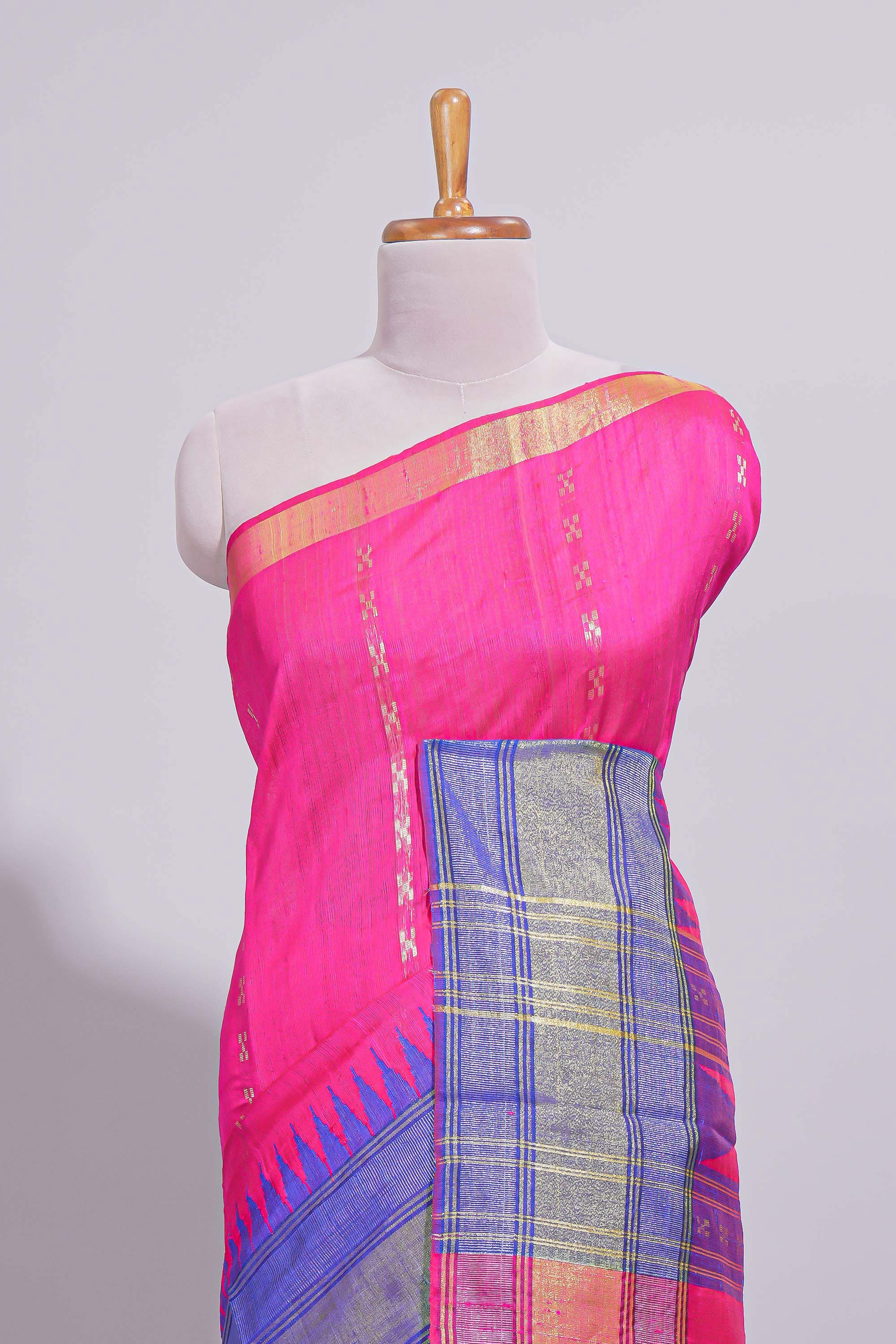 Pink Zari Design Art Tussar Saree with Self Zari Border and Contrast Blouse