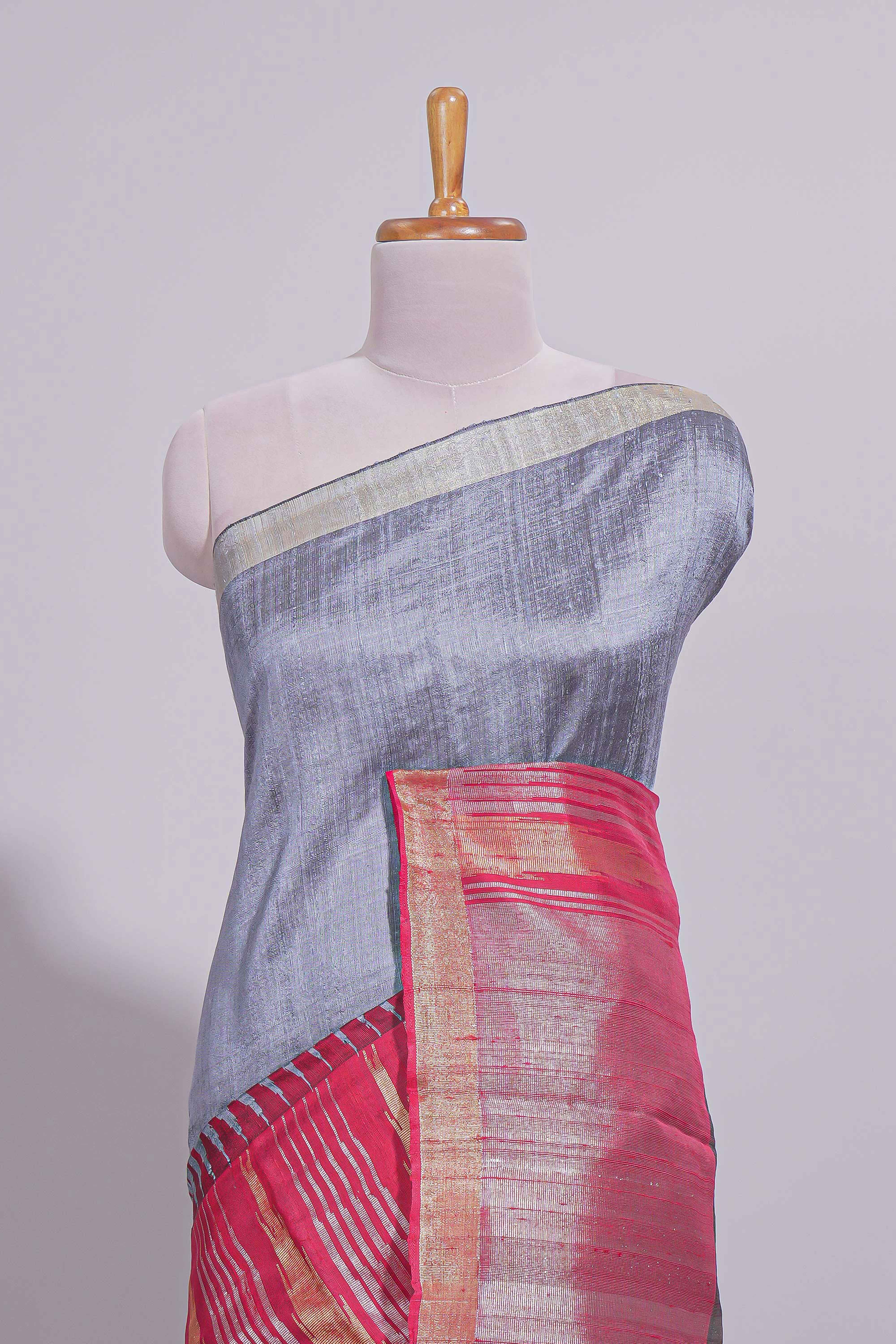 Grey Plain Art Tussar Saree with Self Zari Border and Contrast Blouse