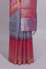 Grey Plain Art Tussar Saree with Self Zari Border and Contrast Blouse