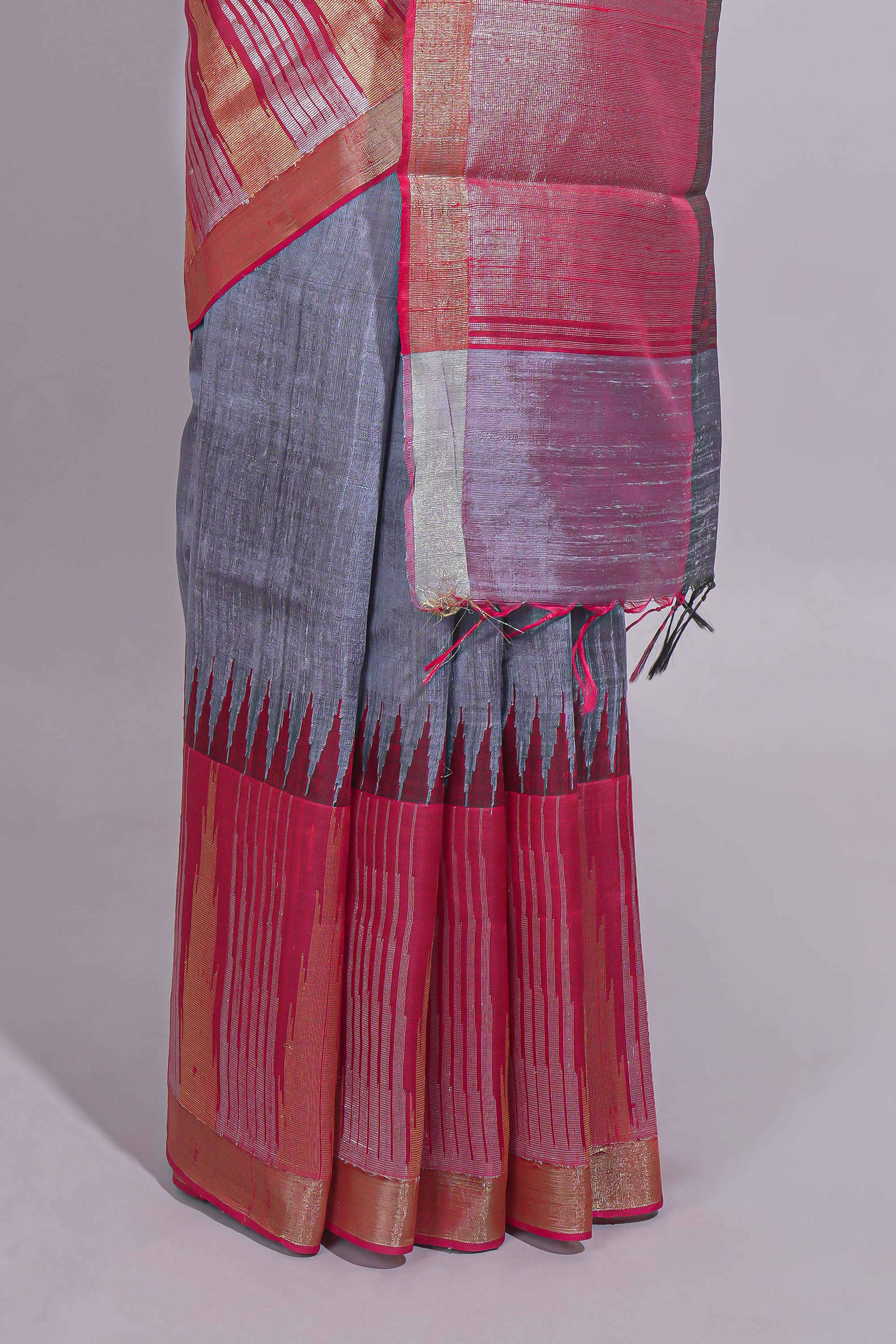 Grey Plain Art Tussar Saree with Self Zari Border and Contrast Blouse
