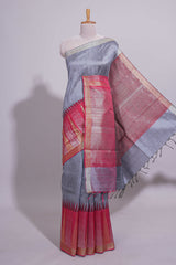 Grey Plain Art Tussar Saree with Self Zari Border and Contrast Blouse