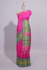 Hot Pink Zari Design Art Tussar Saree with Green Self Zari Border and Contrast Blouse