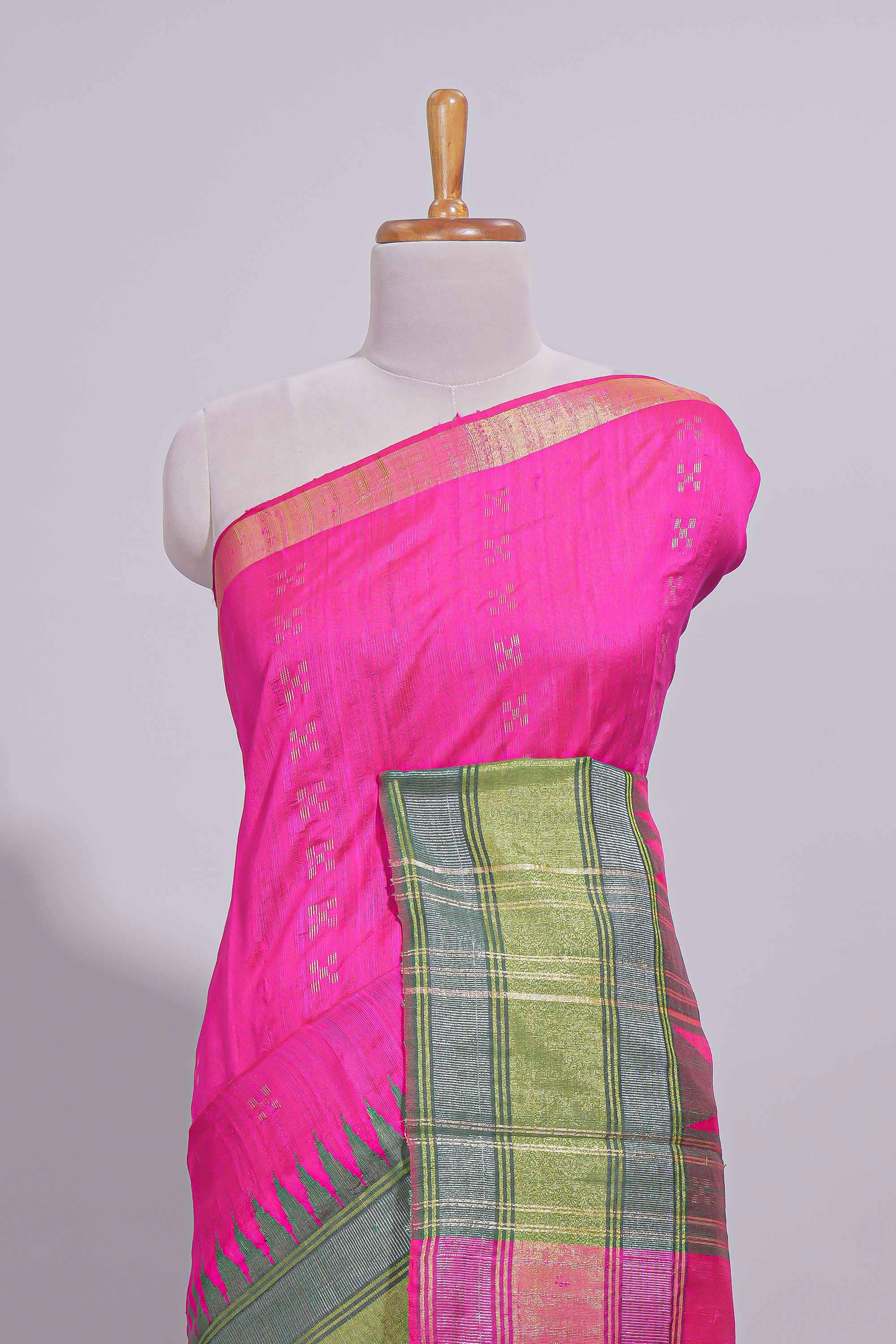 Hot Pink Zari Design Art Tussar Saree with Green Self Zari Border and Contrast Blouse