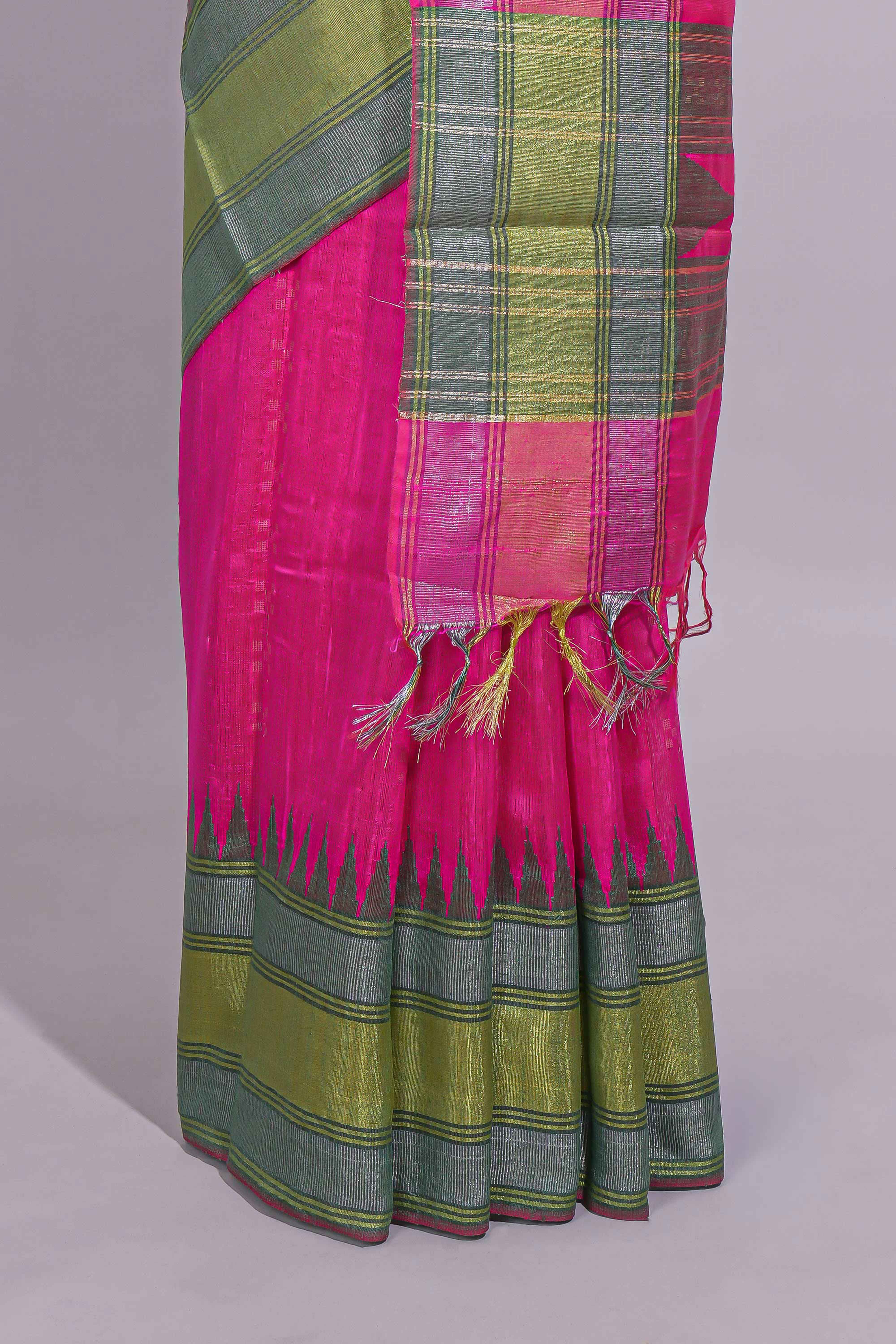 Hot Pink Zari Design Art Tussar Saree with Green Self Zari Border and Contrast Blouse