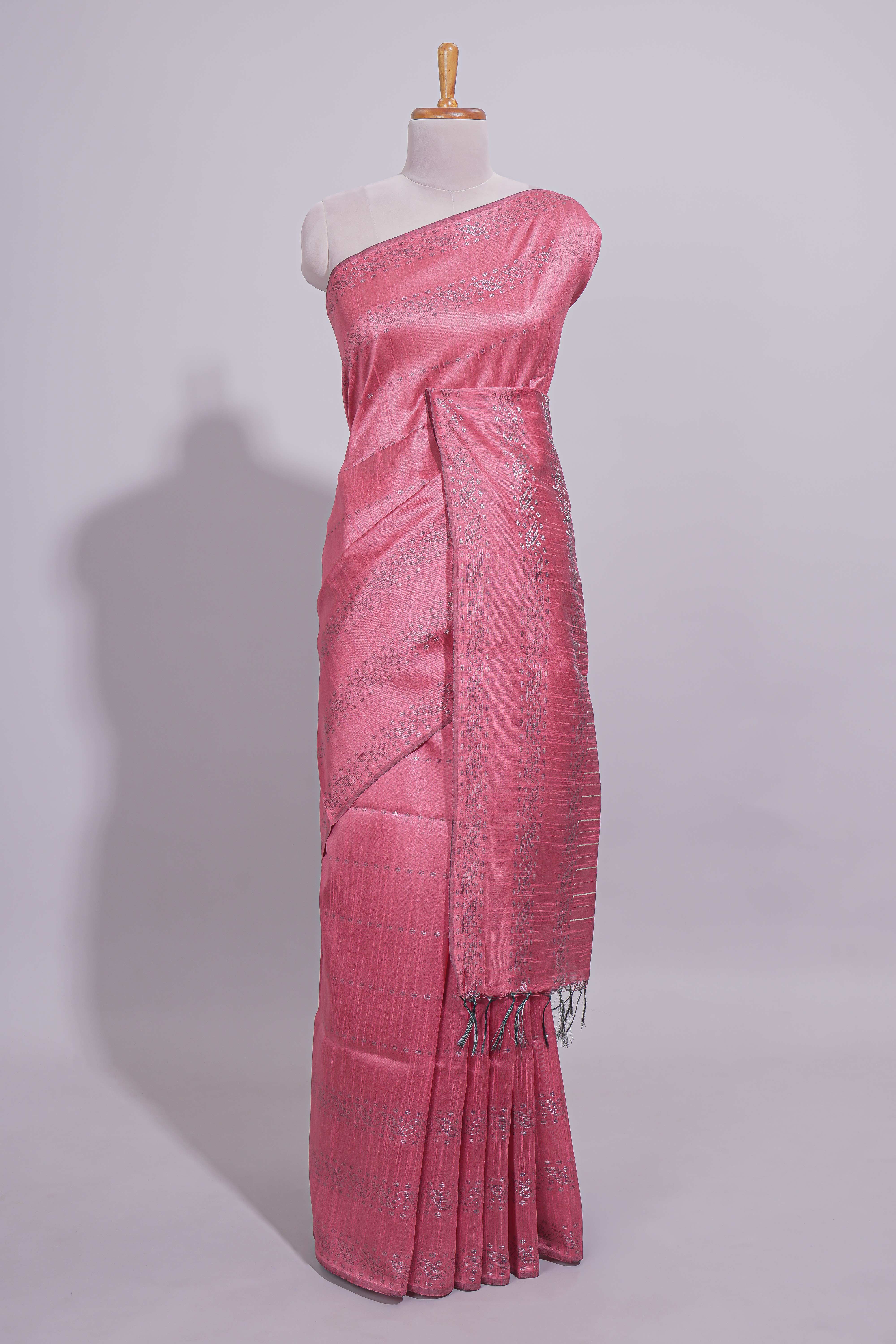 Borderless pink vertical stripedzari design art tussar saree with self pallu and matching blouse