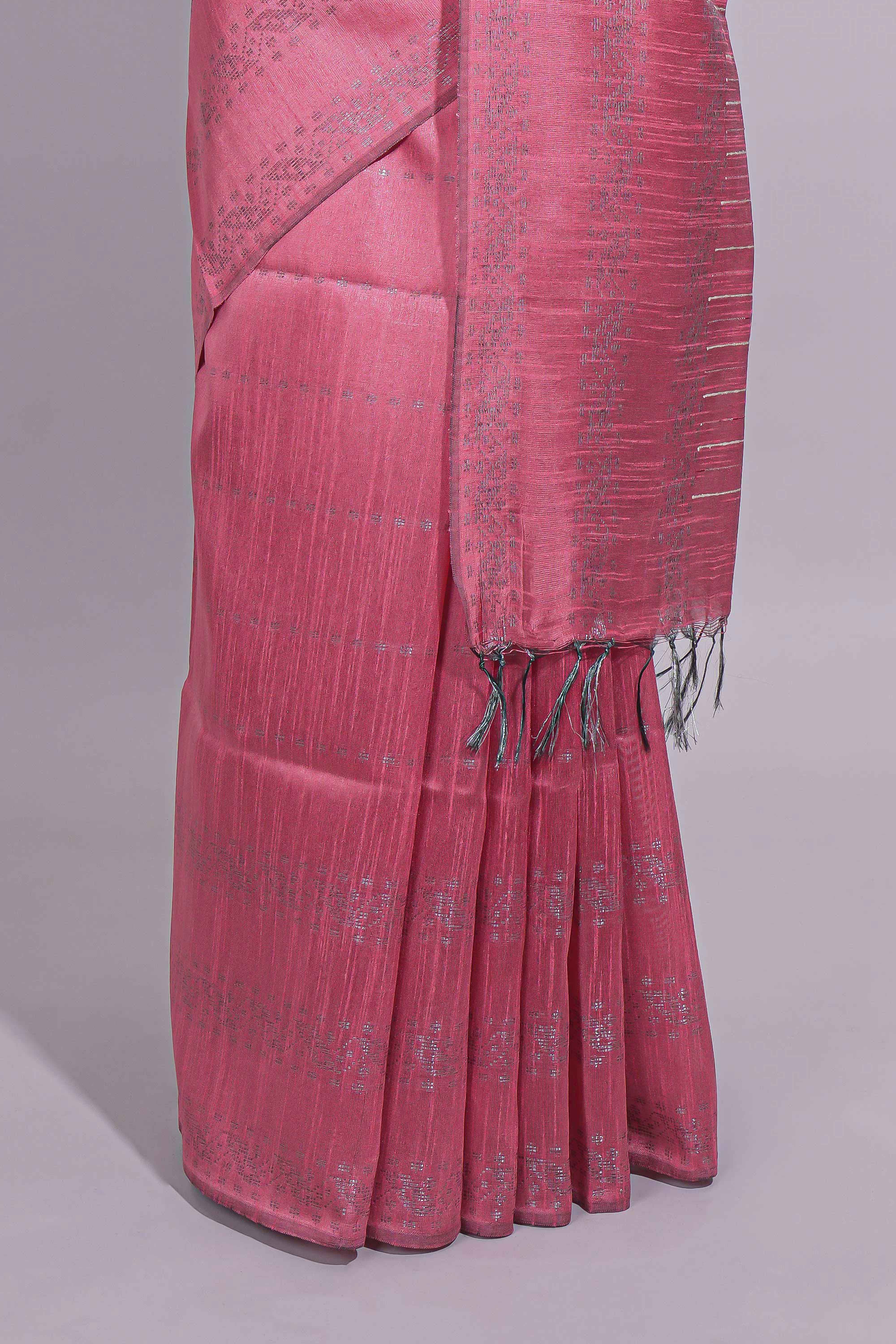 Borderless pink vertical stripedzari design art tussar saree with self pallu and matching blouse