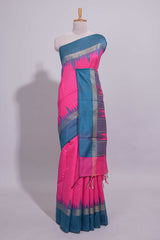 Pink Plain Art Tussar Saree with Contrast Border and Blouse