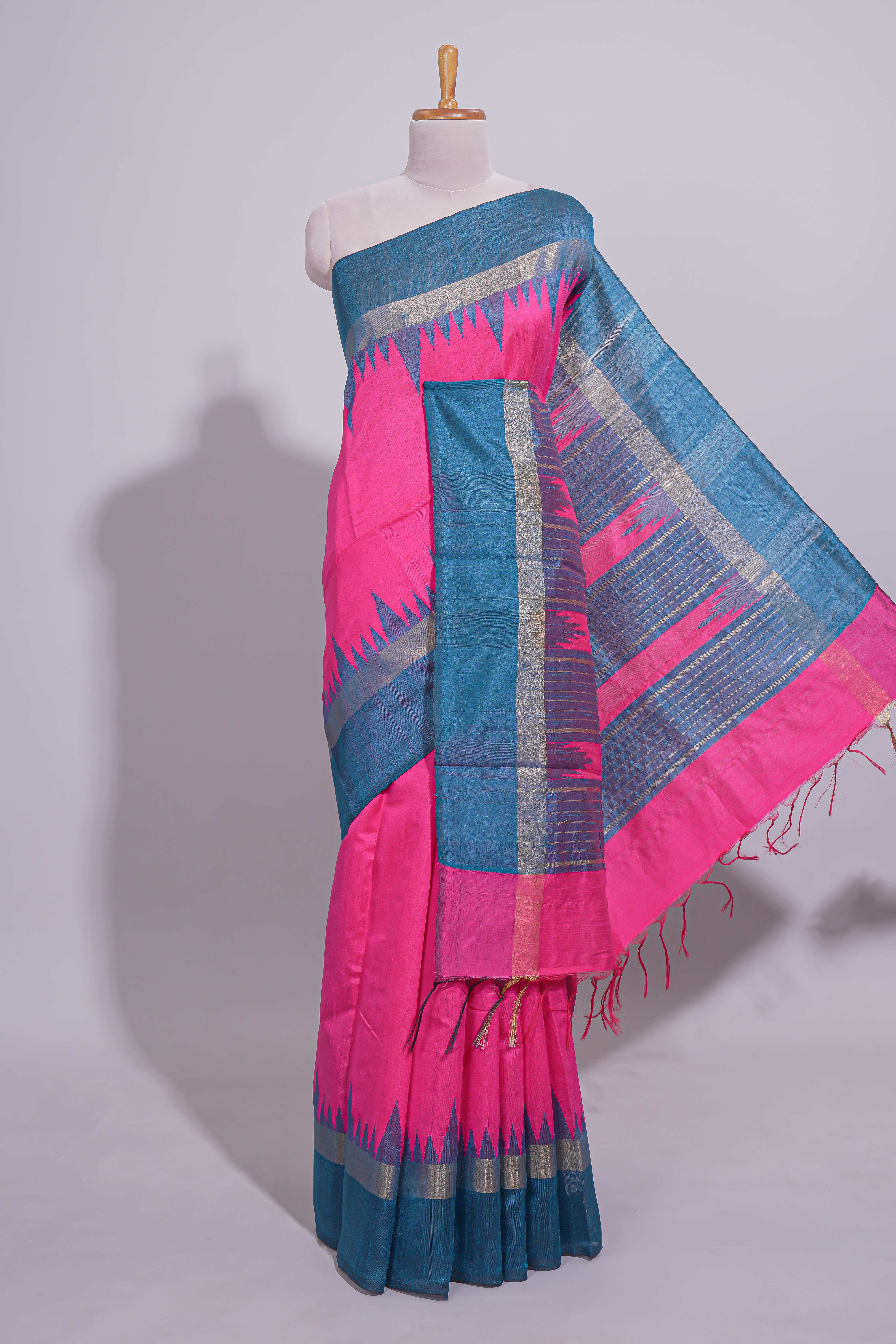 Pink Plain Art Tussar Saree with Contrast Border and Blouse