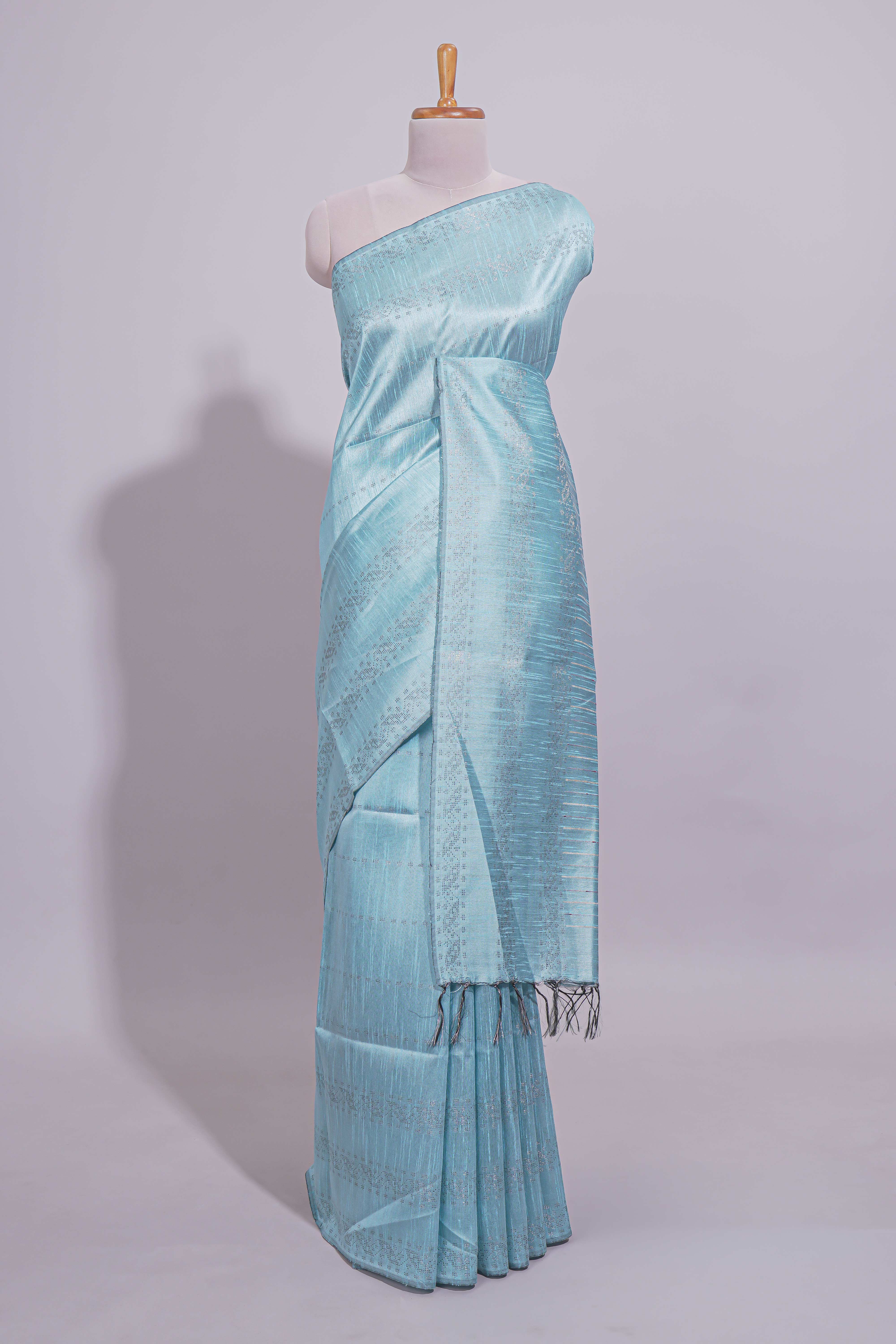 Borderless blue vertical stripedzari design art tussar saree with self pallu and matching blouse