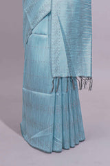 Borderless blue vertical stripedzari design art tussar saree with self pallu and matching blouse