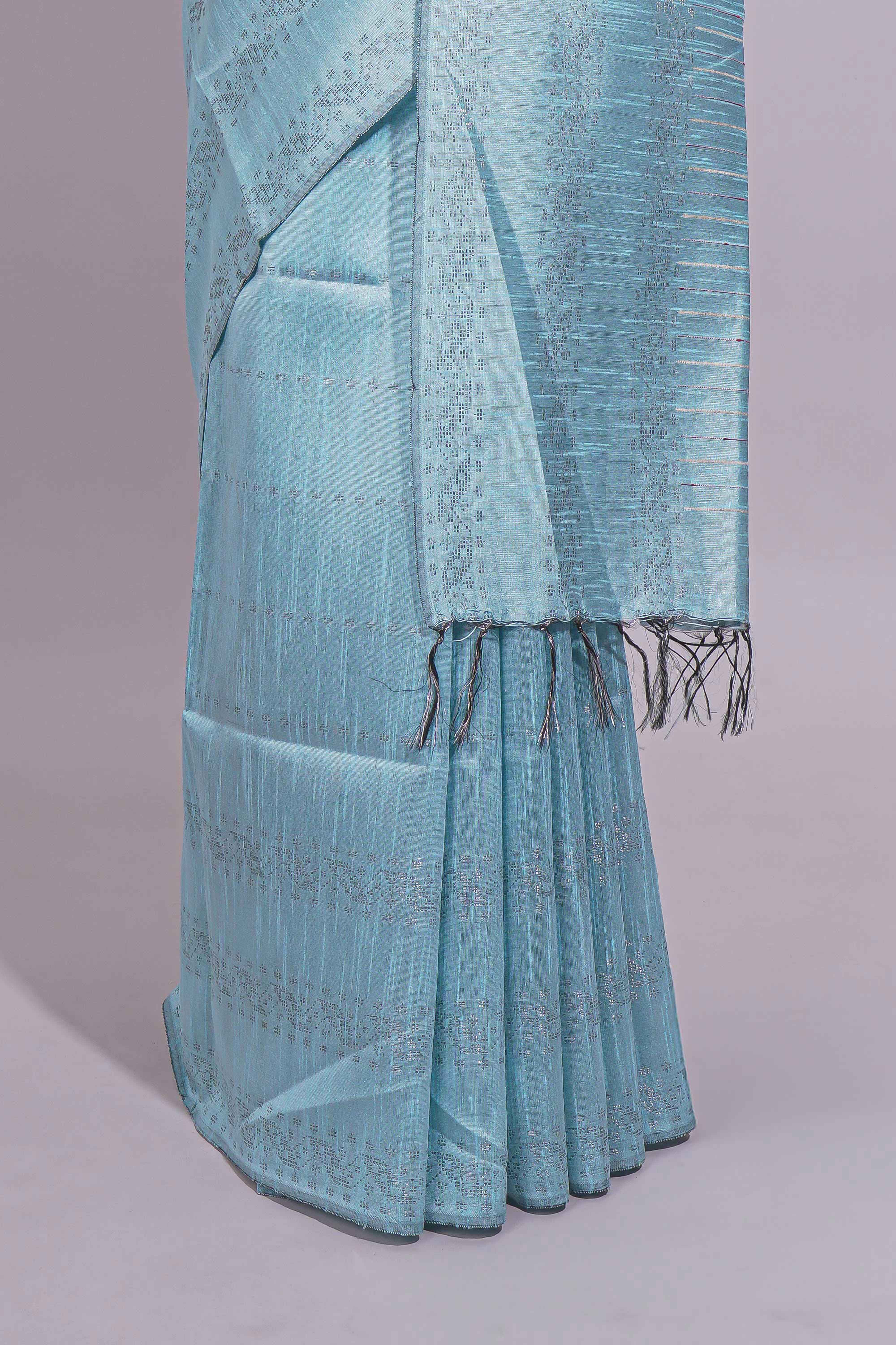 Borderless blue vertical stripedzari design art tussar saree with self pallu and matching blouse