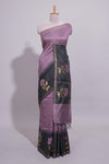Lavender Checked Art Tussar Saree with Zari Floral Motifs Border and Contrast Blouse