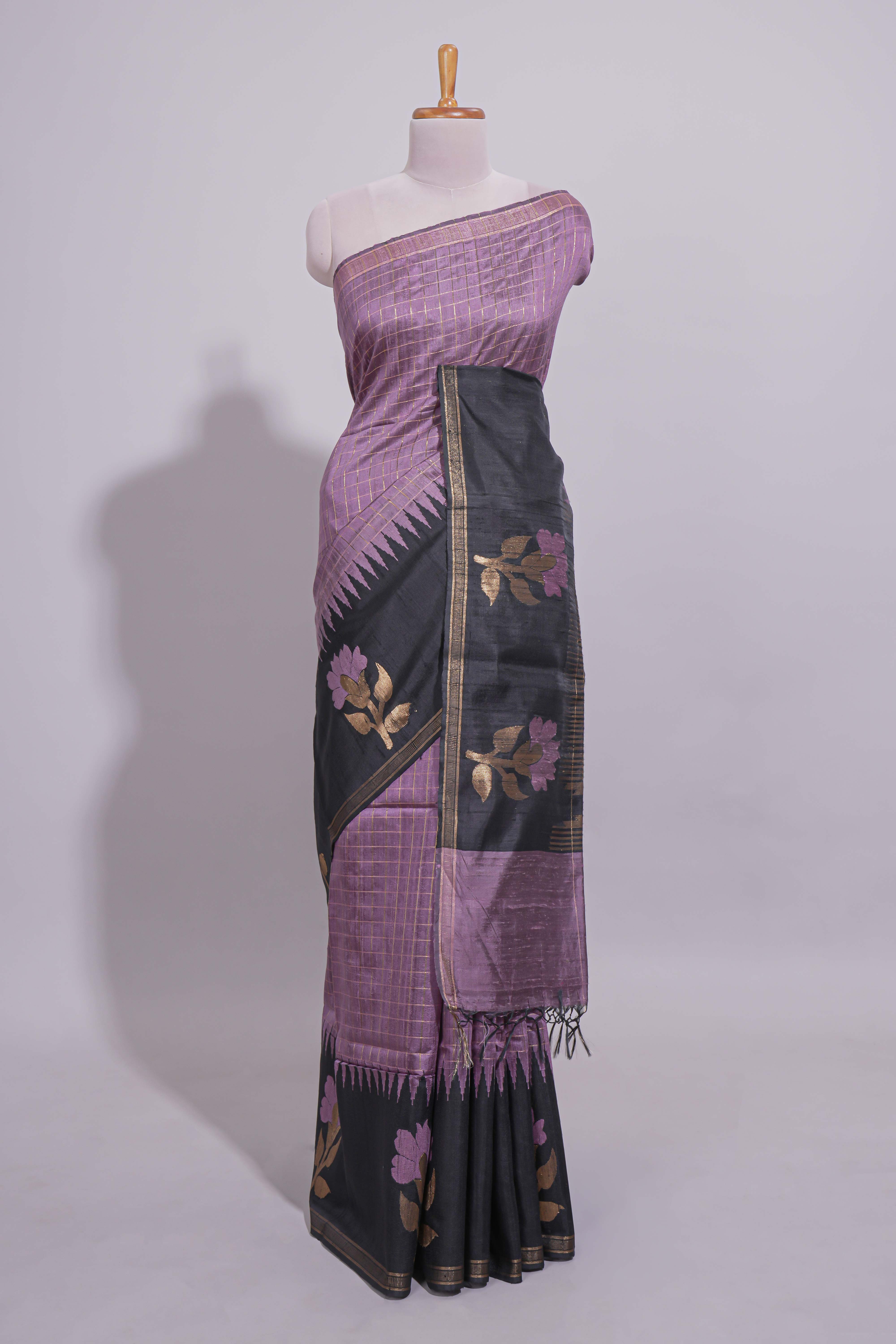 Lavender Checked Art Tussar Saree with Zari Floral Motifs Border and Contrast Blouse