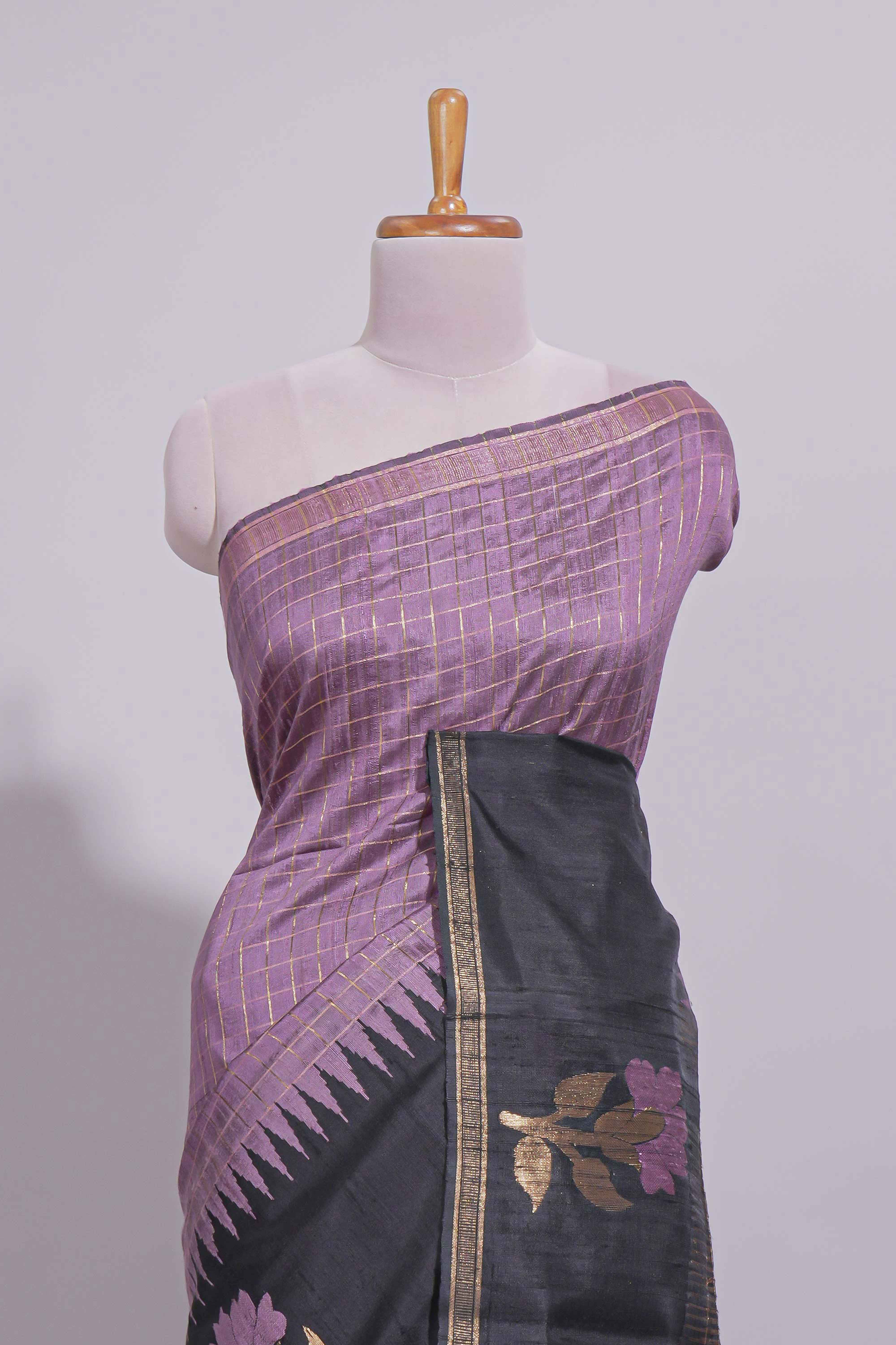 Lavender Checked Art Tussar Saree with Zari Floral Motifs Border and Contrast Blouse