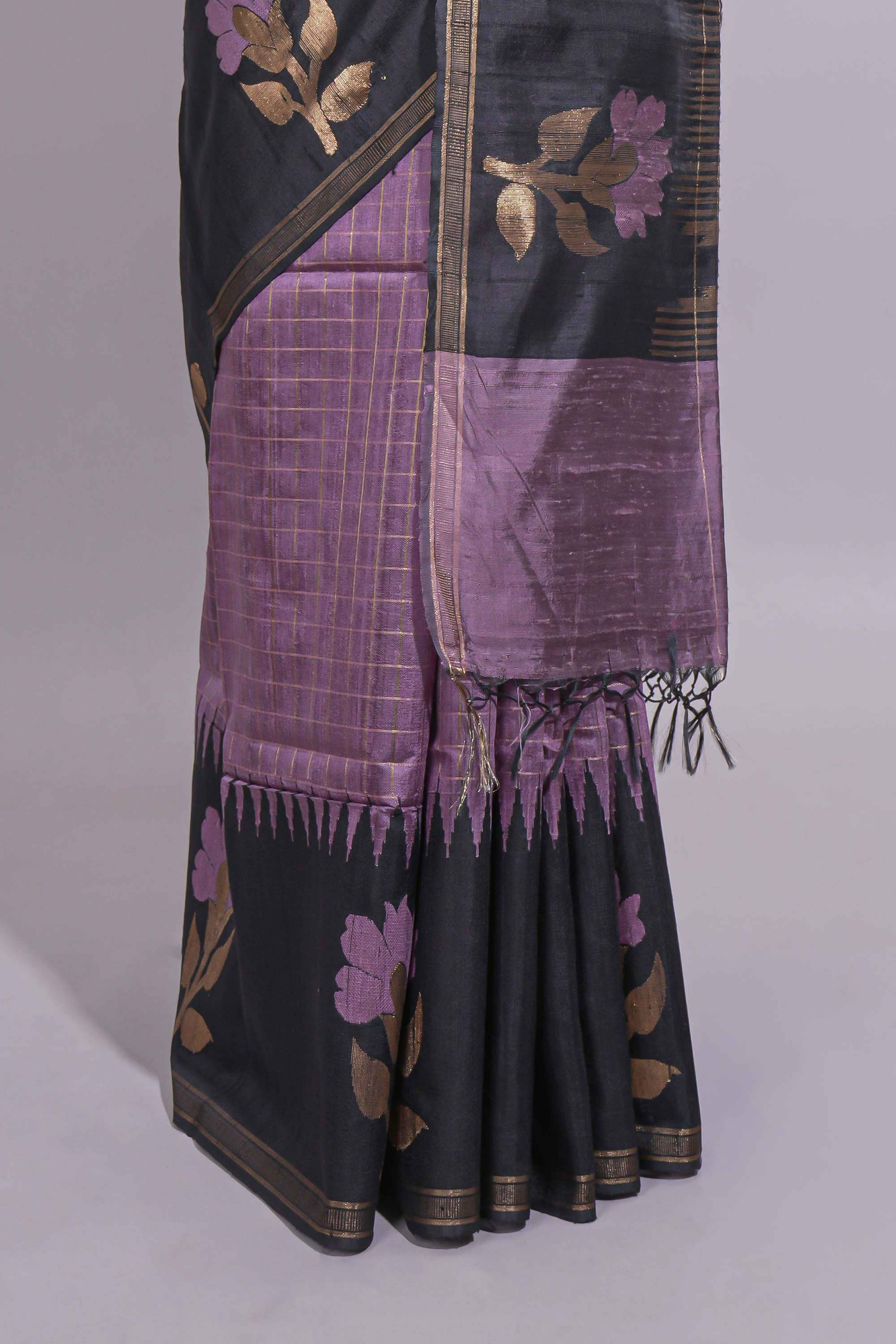 Lavender Checked Art Tussar Saree with Zari Floral Motifs Border and Contrast Blouse