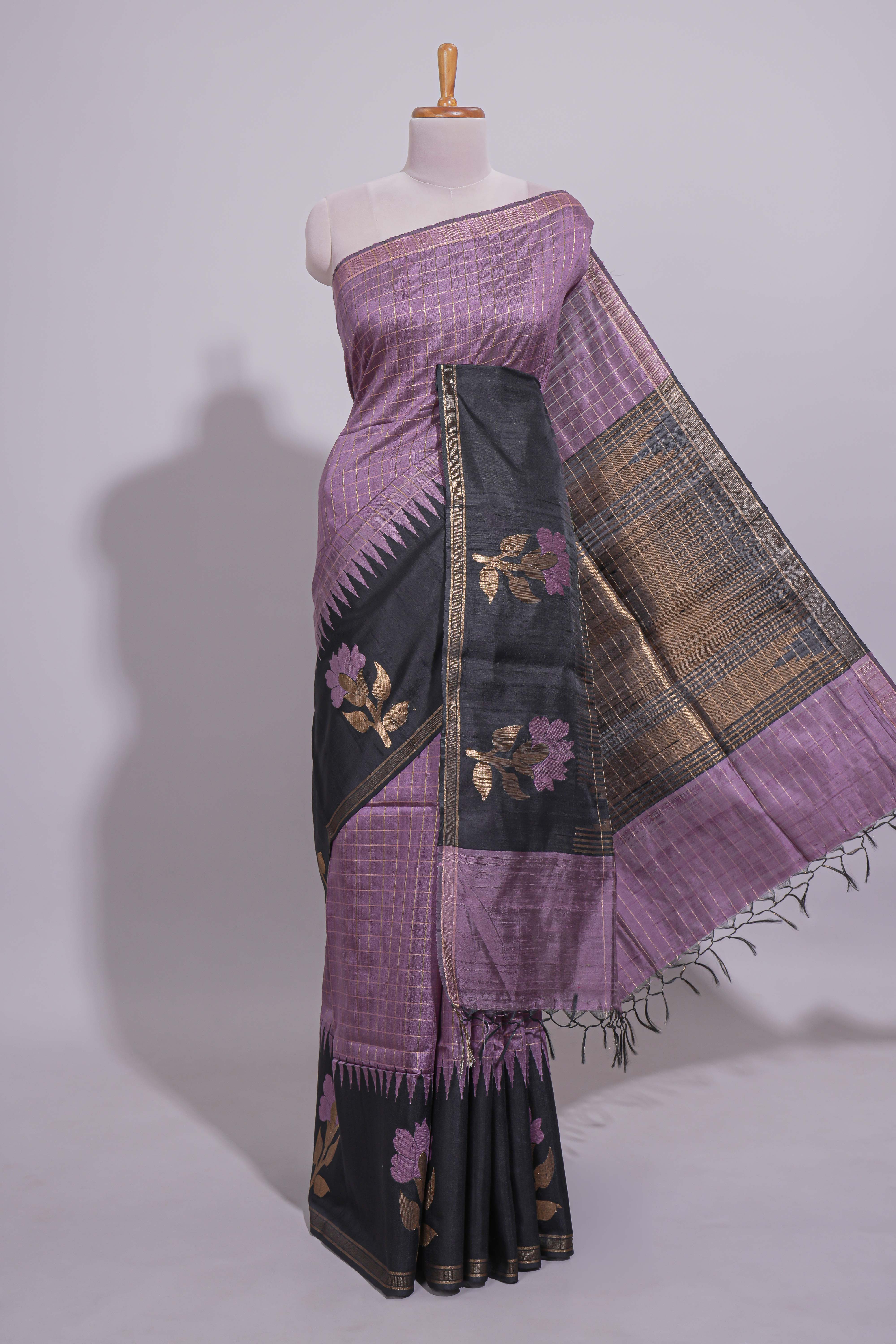 Lavender Checked Art Tussar Saree with Zari Floral Motifs Border and Contrast Blouse