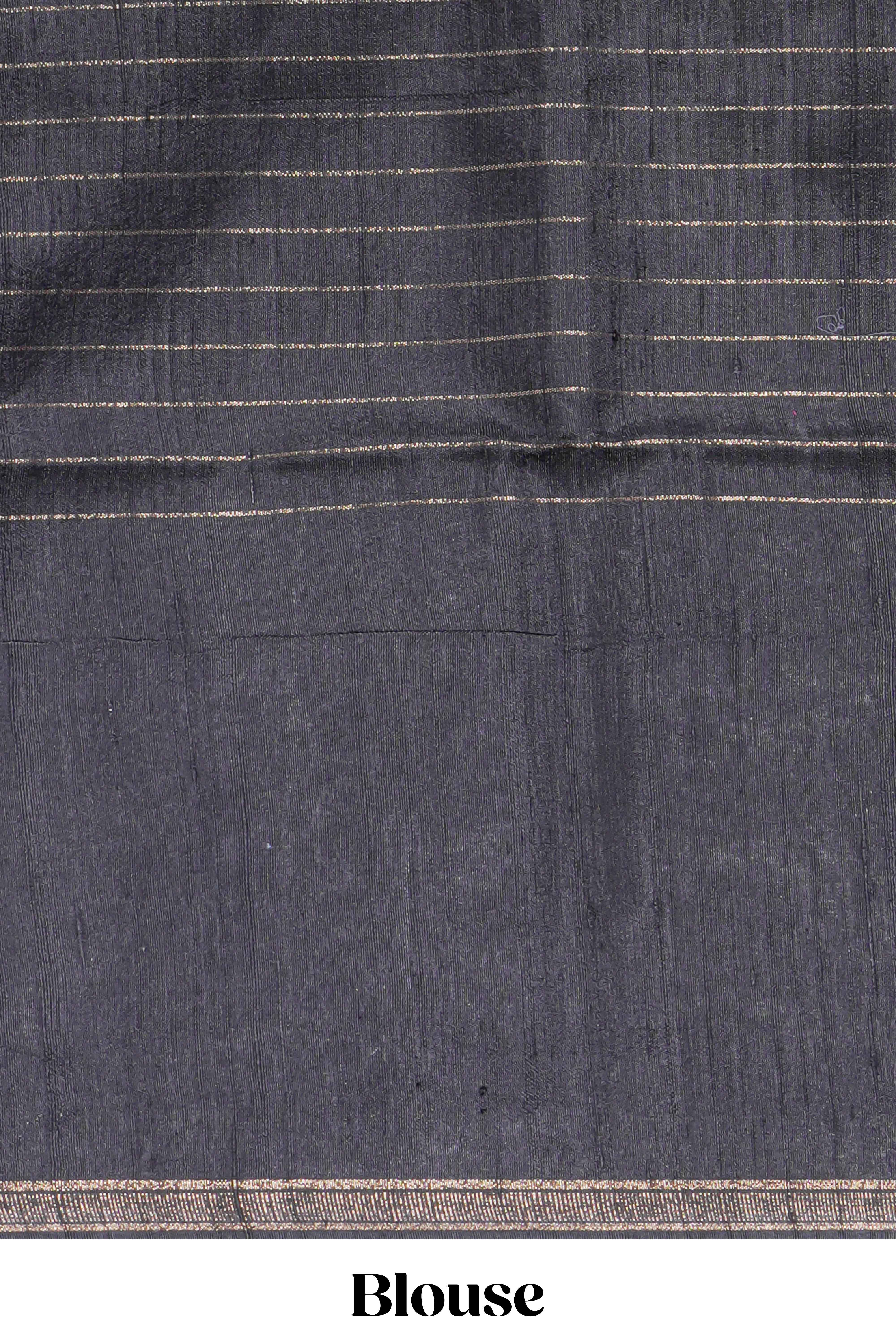 Lavender Checked Art Tussar Saree with Zari Floral Motifs Border and Contrast Blouse