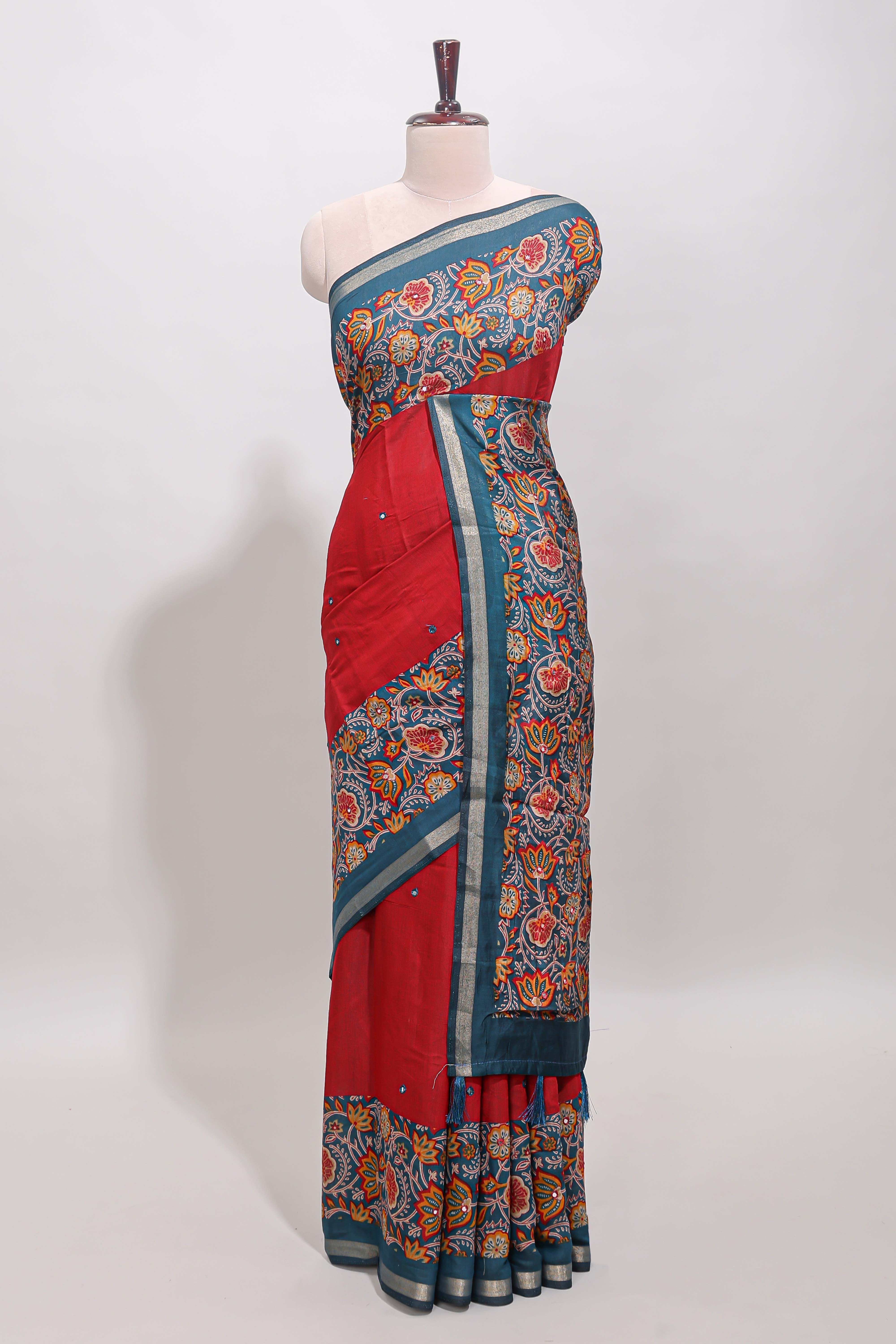Maroon embroidery mirror work viscose georgette saree with contrast floral vine zari border and printed blouse
