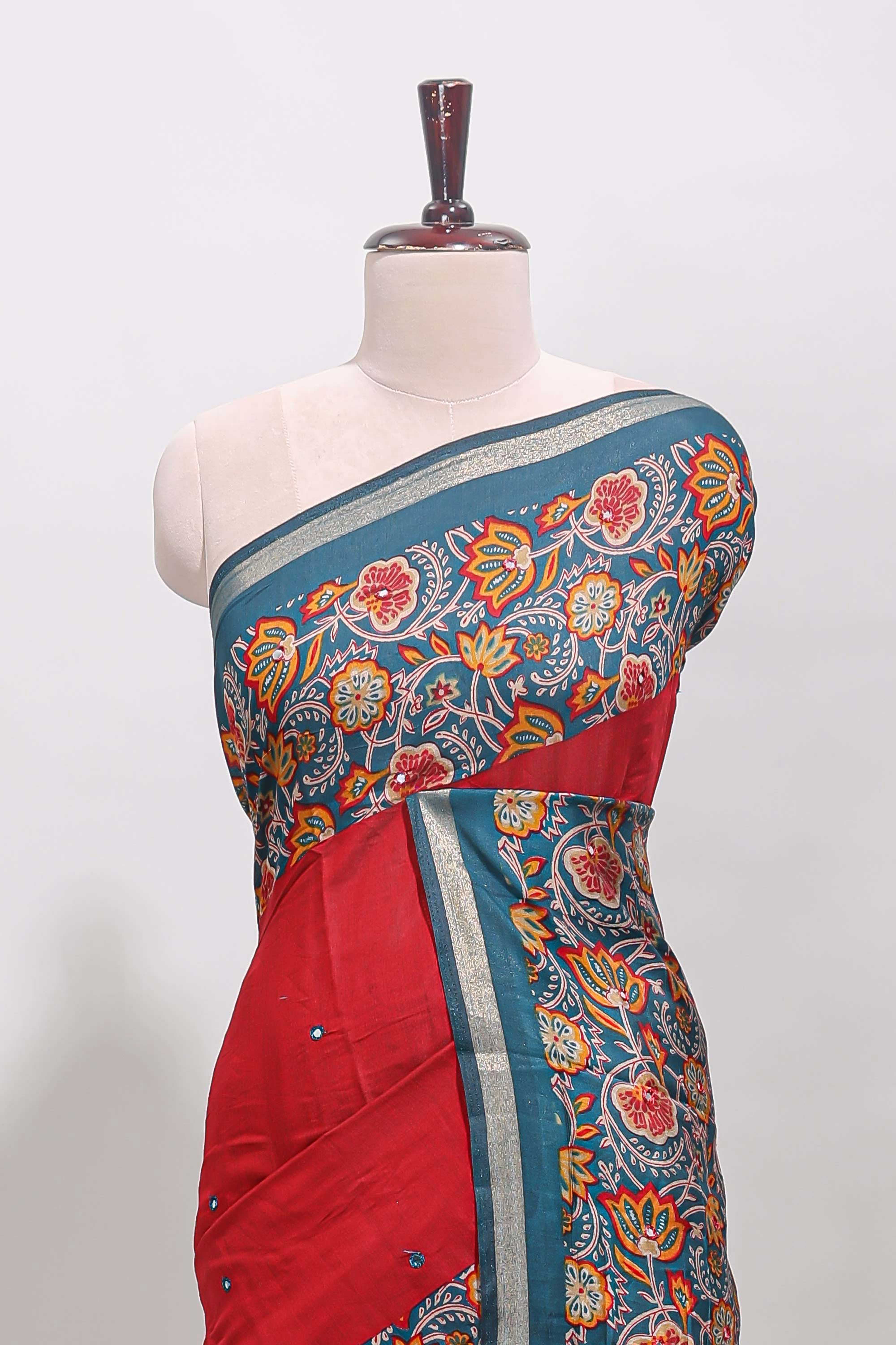 Maroon embroidery mirror work viscose georgette saree with contrast floral vine zari border and printed blouse