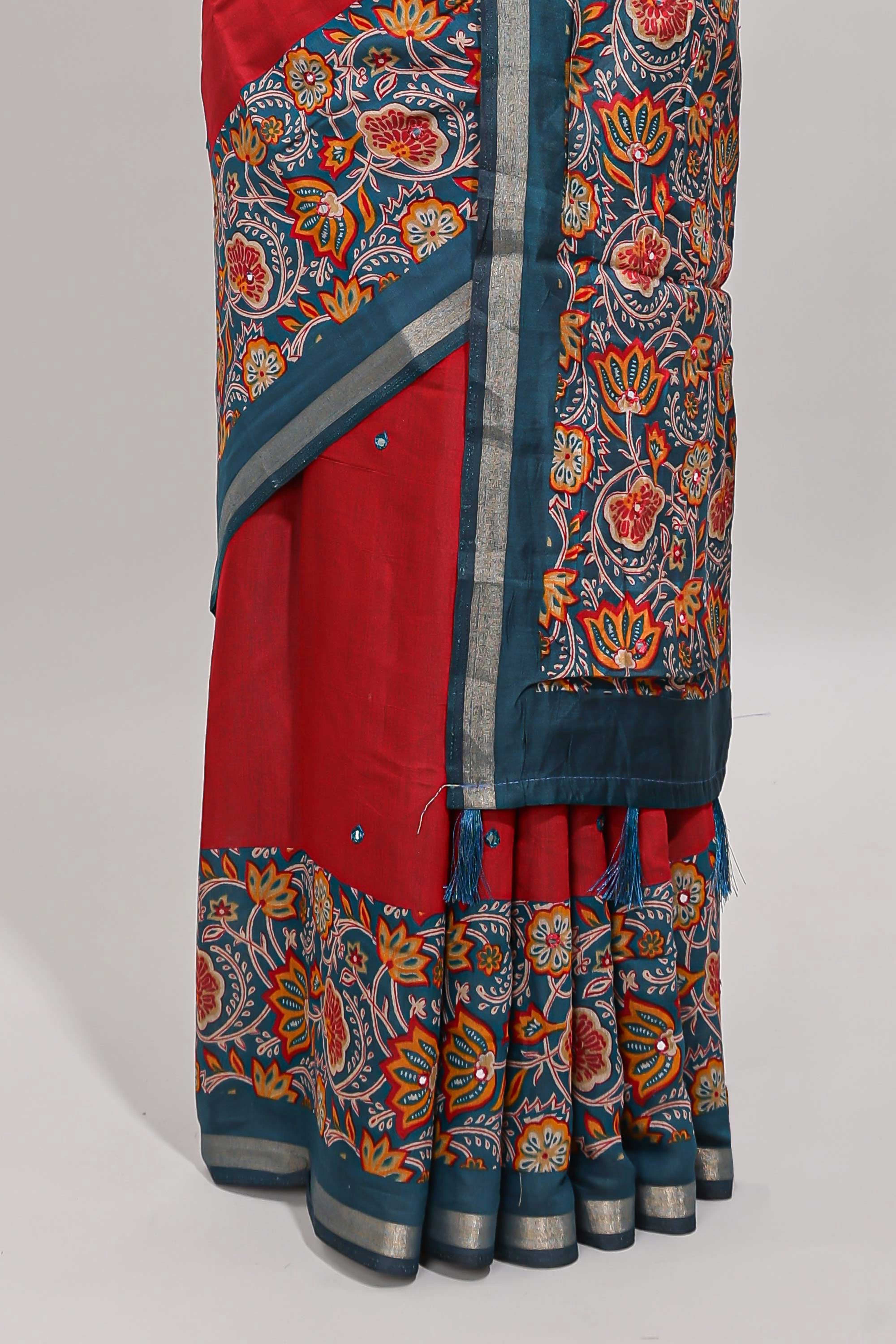 Maroon embroidery mirror work viscose georgette saree with contrast floral vine zari border and printed blouse