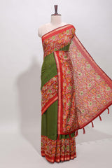 Green embroidery mirror work viscose georgette saree with contrast floral vine zari border and printed blouse