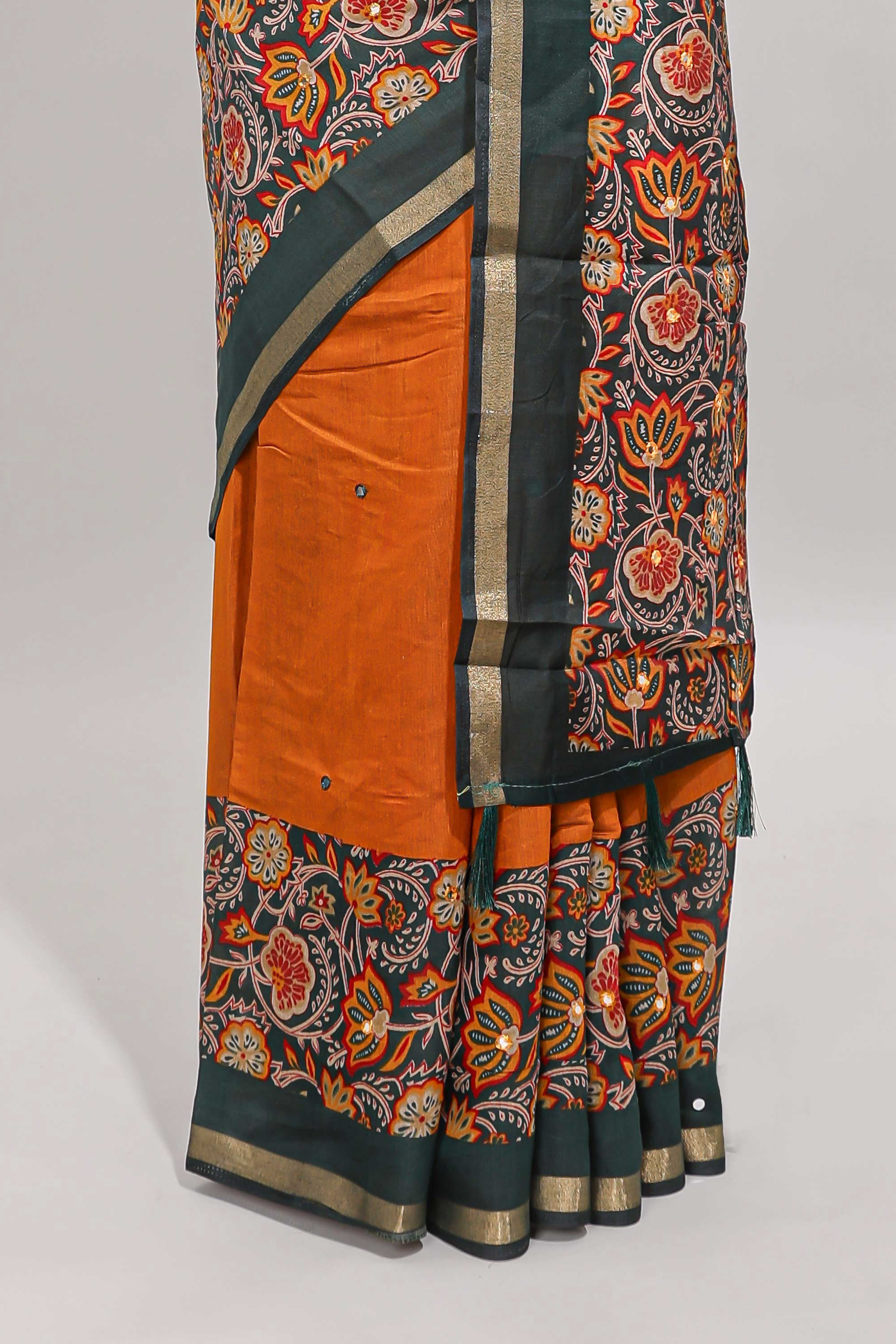 Mustard yellow embroidery mirror work viscose georgette saree with contrast floral vine zari border and printed blouse