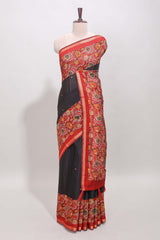 Black embroidery mirror work viscose georgette saree with contrast floral vine zari border and printed blouse