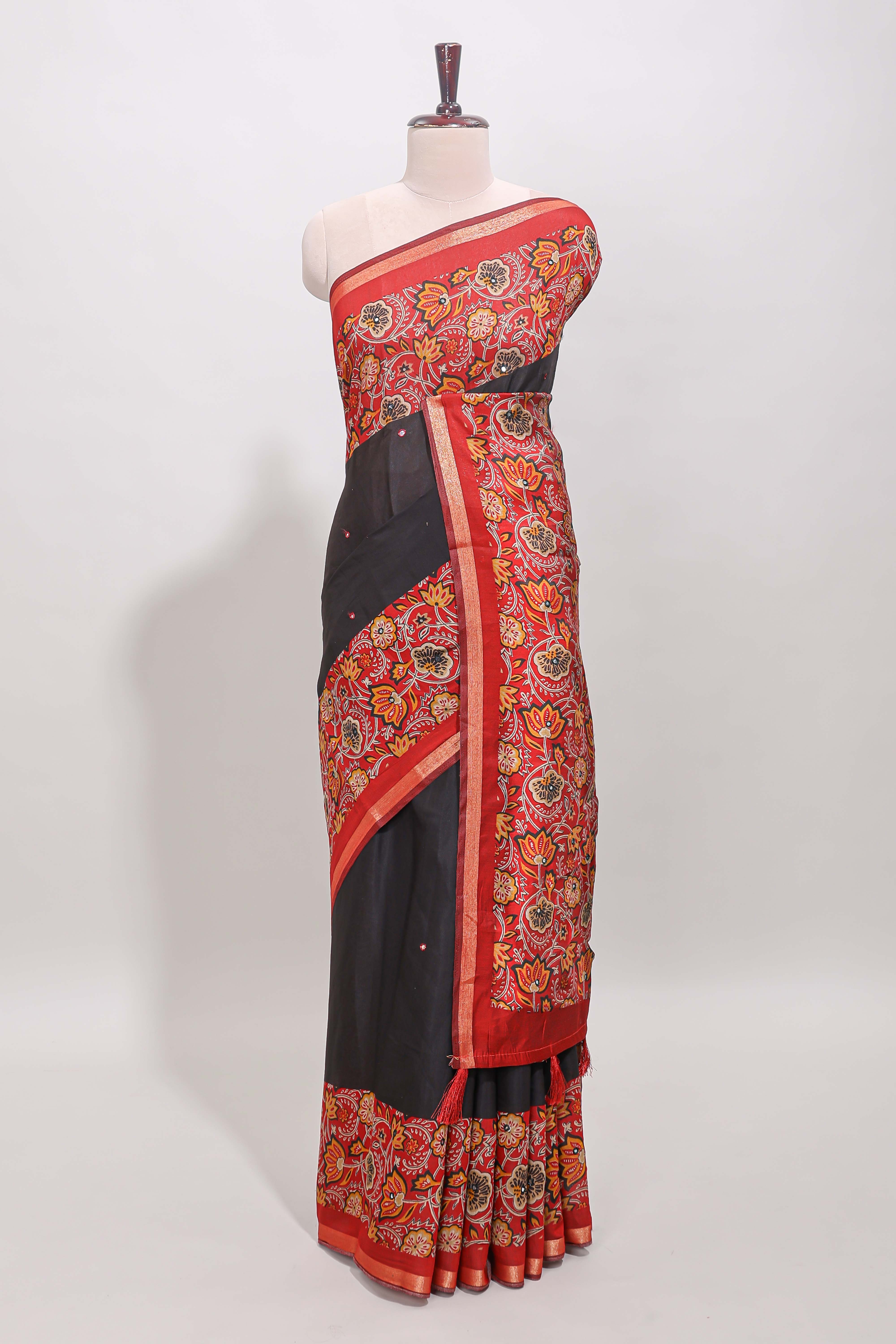 Black embroidery mirror work viscose georgette saree with contrast floral vine zari border and printed blouse