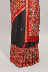 Black embroidery mirror work viscose georgette saree with contrast floral vine zari border and printed blouse