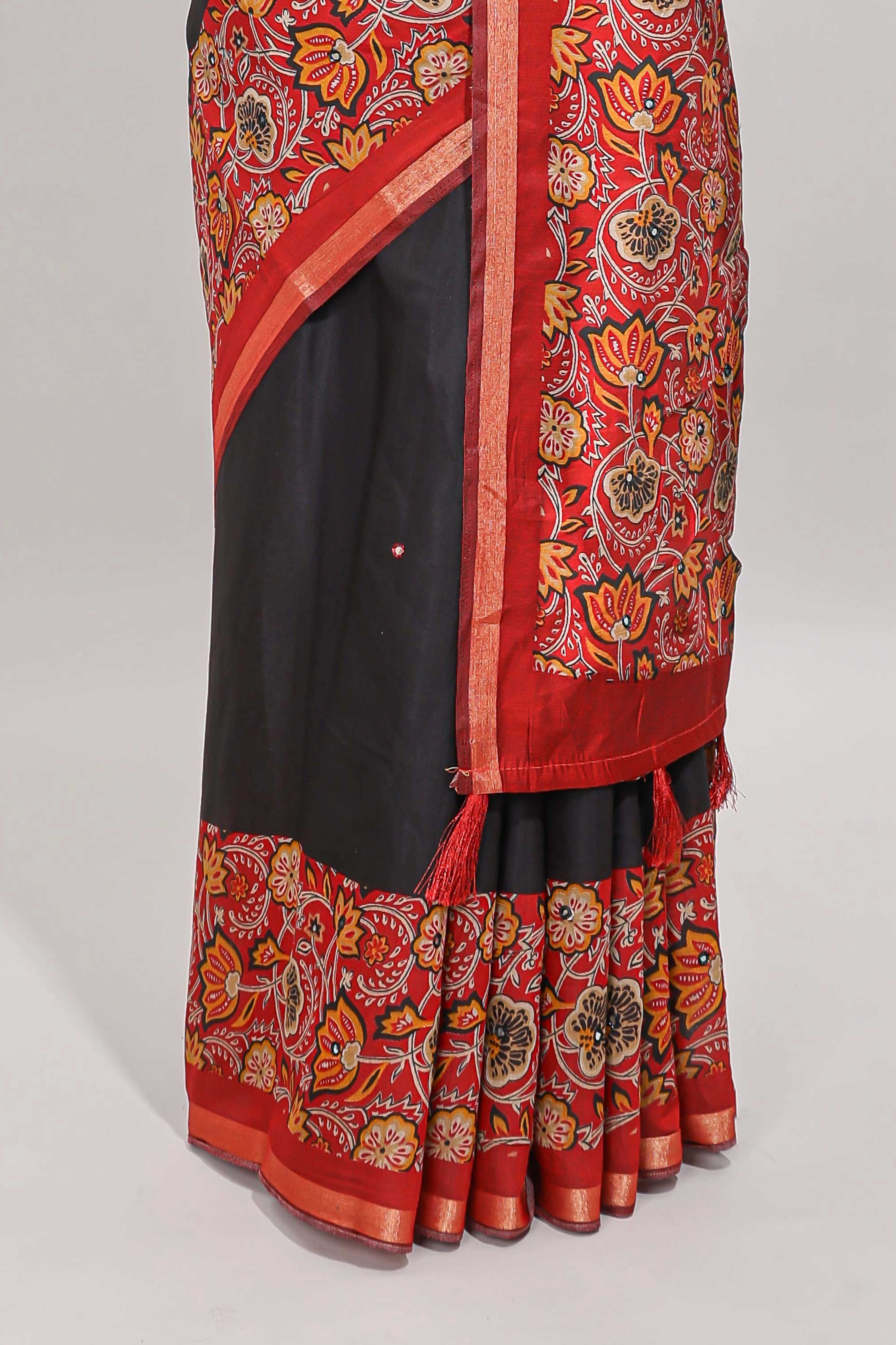 Black embroidery mirror work viscose georgette saree with contrast floral vine zari border and printed blouse