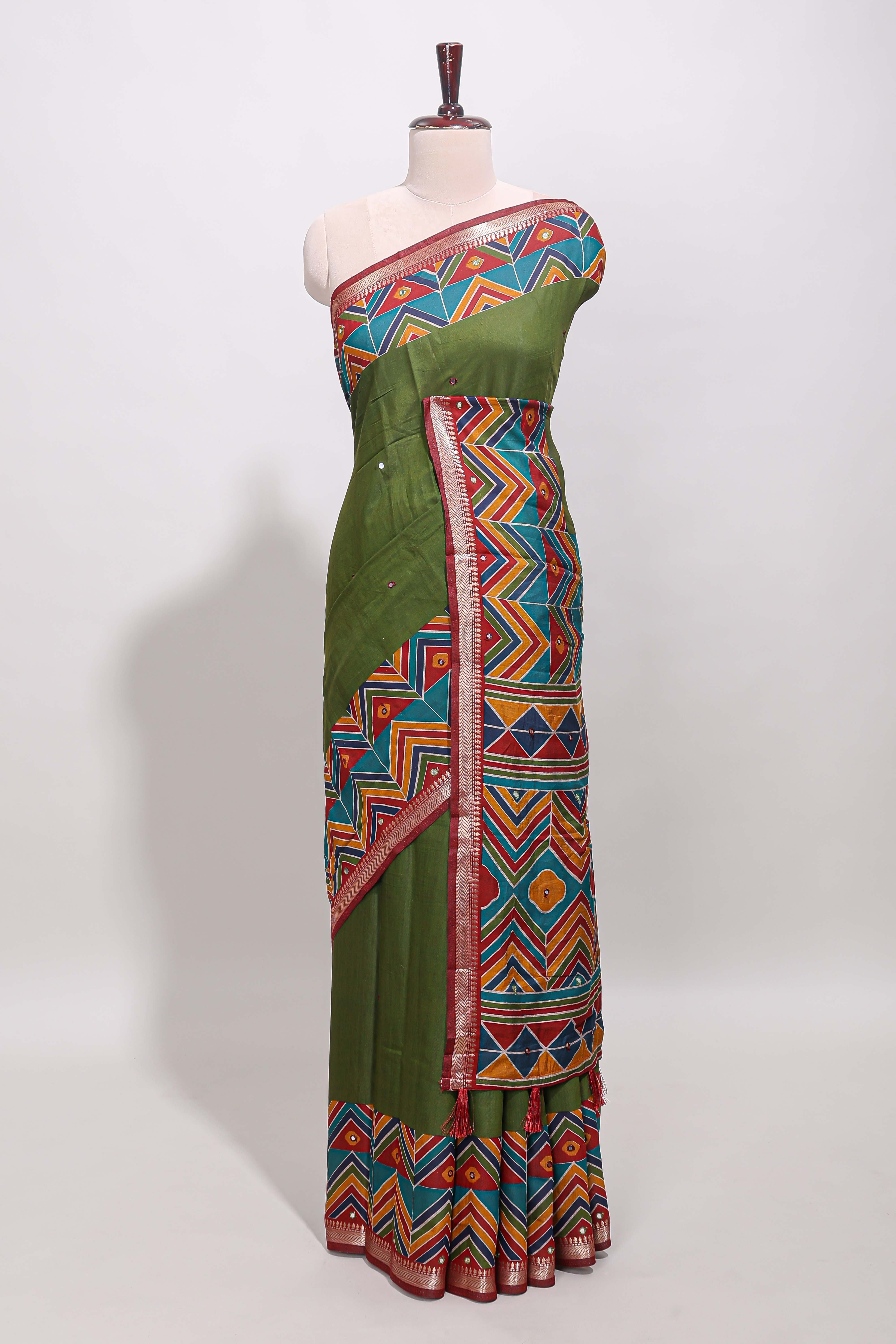 Green embroidery mirror work viscose georgette saree with contrast chevron design zari border and printed pallu