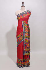 Red embroidery mirror work viscose georgette saree with contrast chevron design zari border and printed pallu