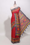 Red embroidery mirror work viscose georgette saree with contrast chevron design zari border and printed pallu