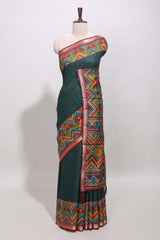 Green embroidery mirror work viscose georgette saree with contrast chevron design zari border and printed pallu