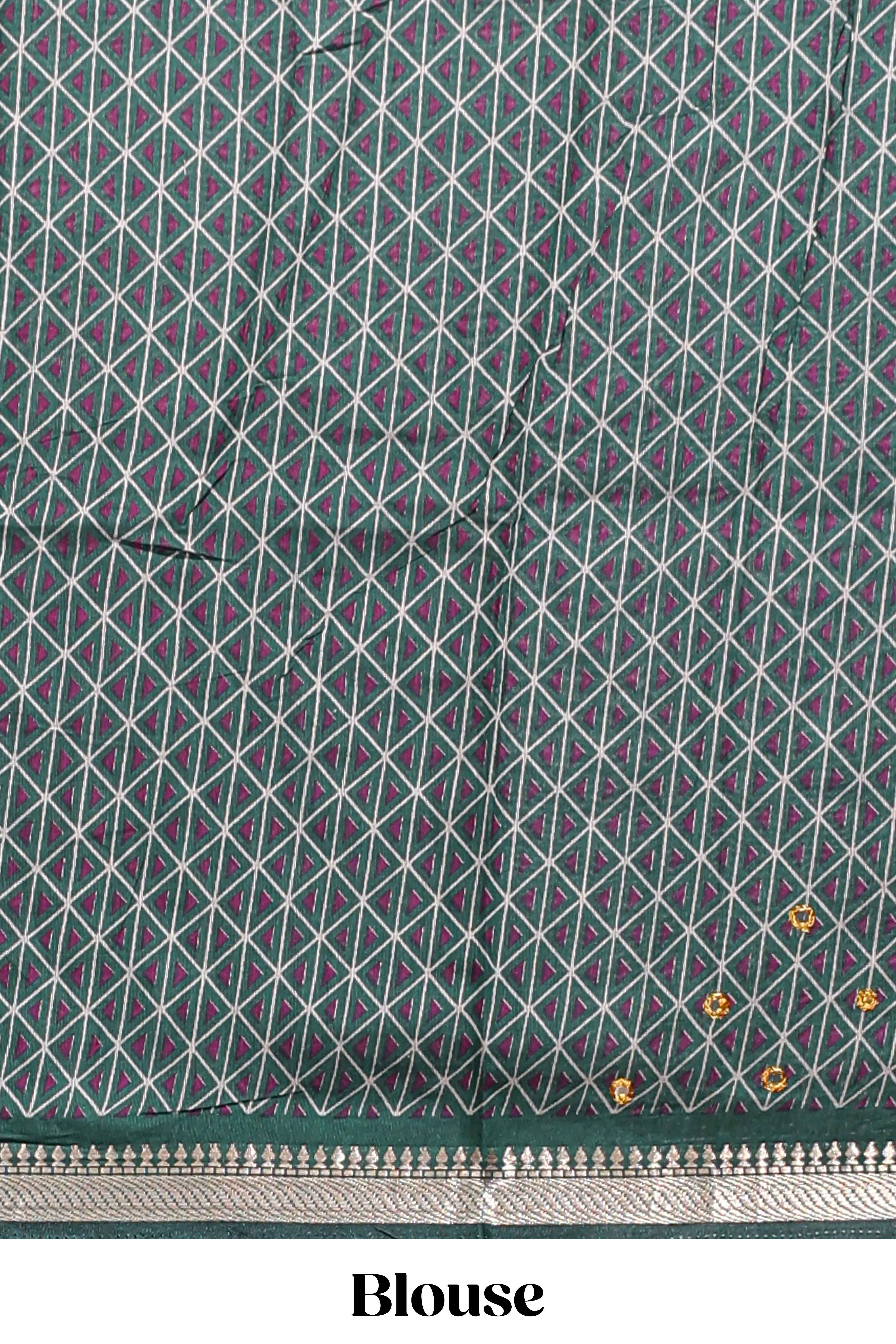 Purple embroidery mirror work viscose georgette saree with contrast chevron design zari border and printed pallu