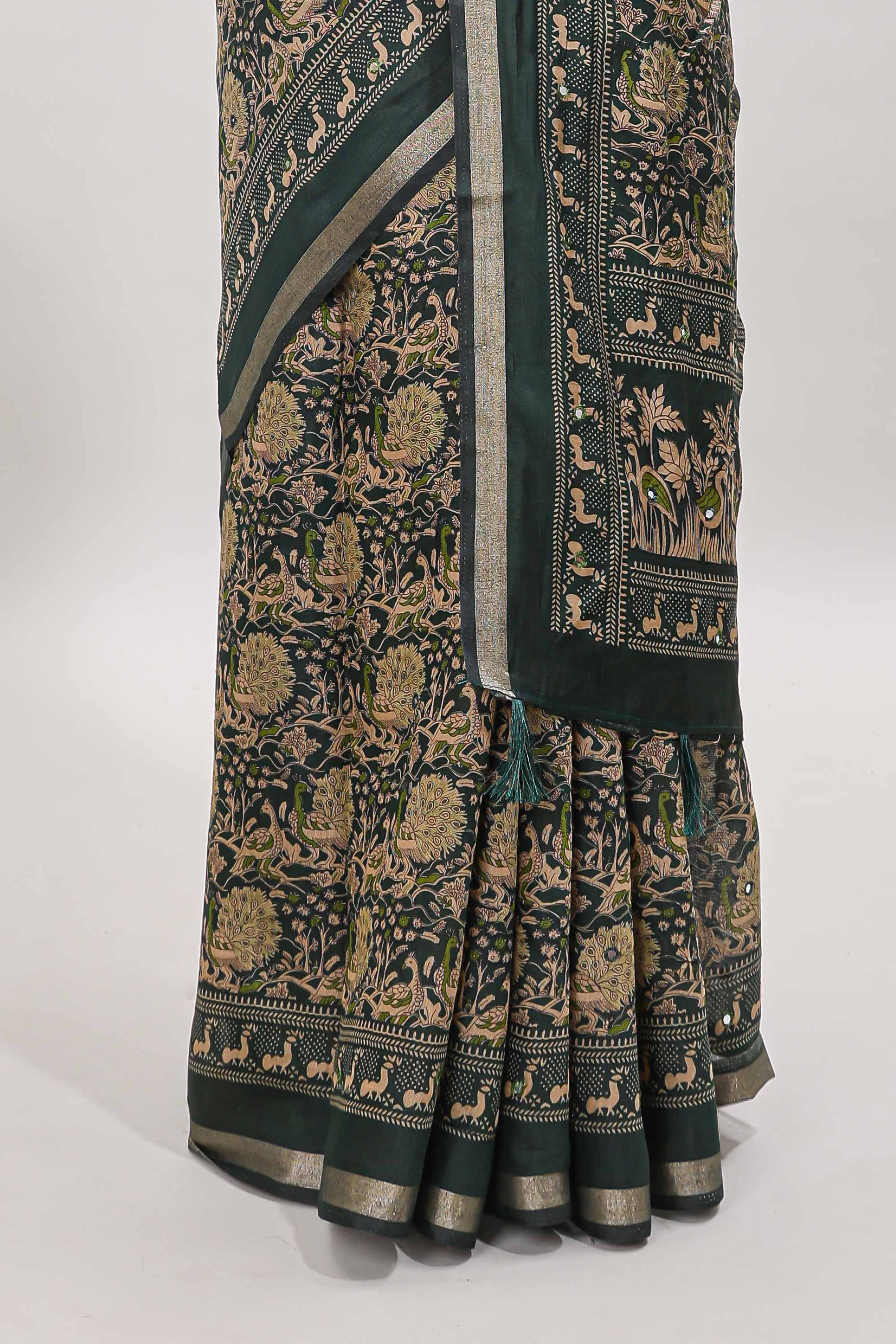 Green floral design mirror work viscose georgette saree with self zari border and printed blouse
