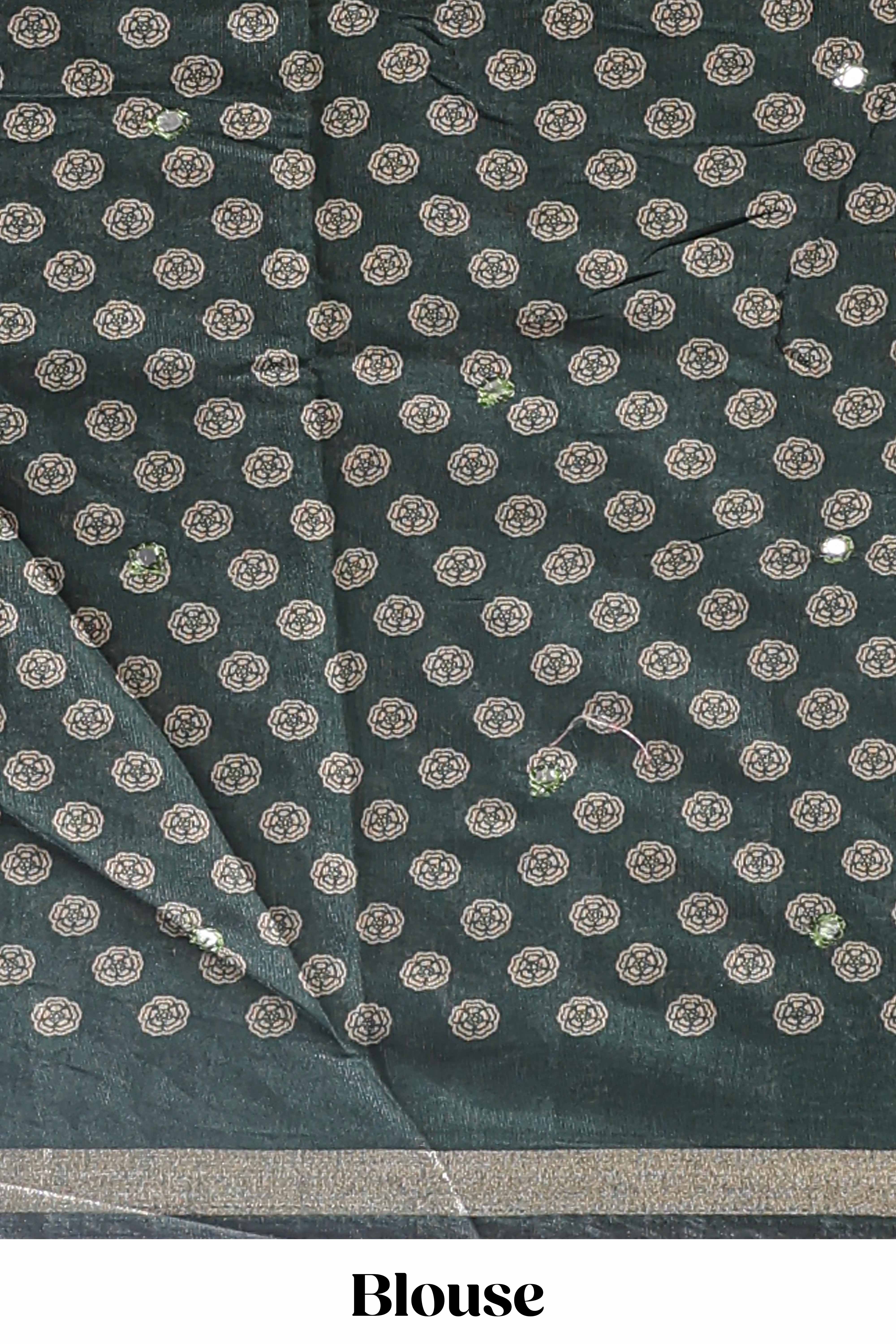 Green floral design mirror work viscose georgette saree with self zari border and printed blouse