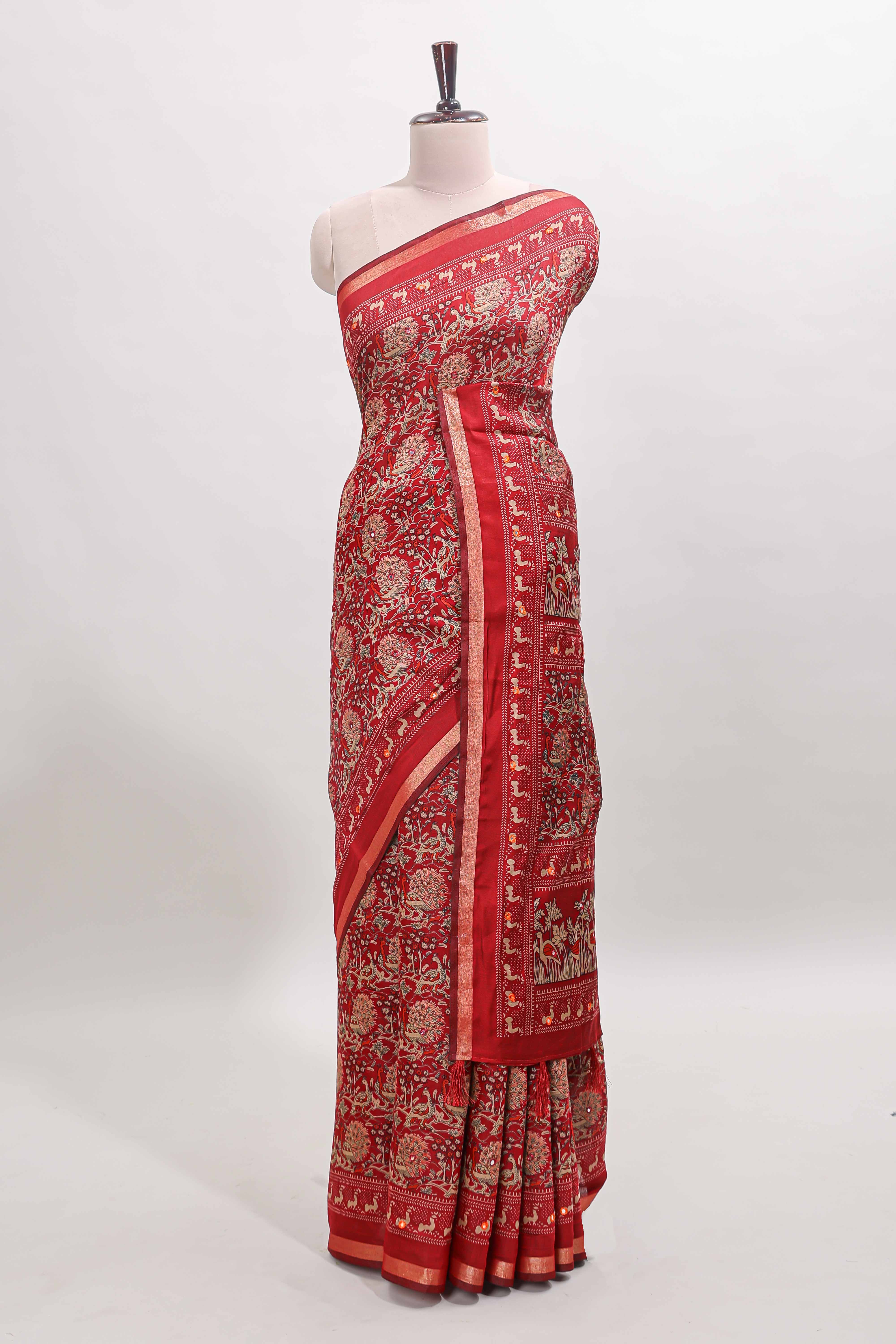 Maroon floral design mirror work viscose georgette saree with self zari border and printed blouse