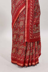 Maroon floral design mirror work viscose georgette saree with self zari border and printed blouse