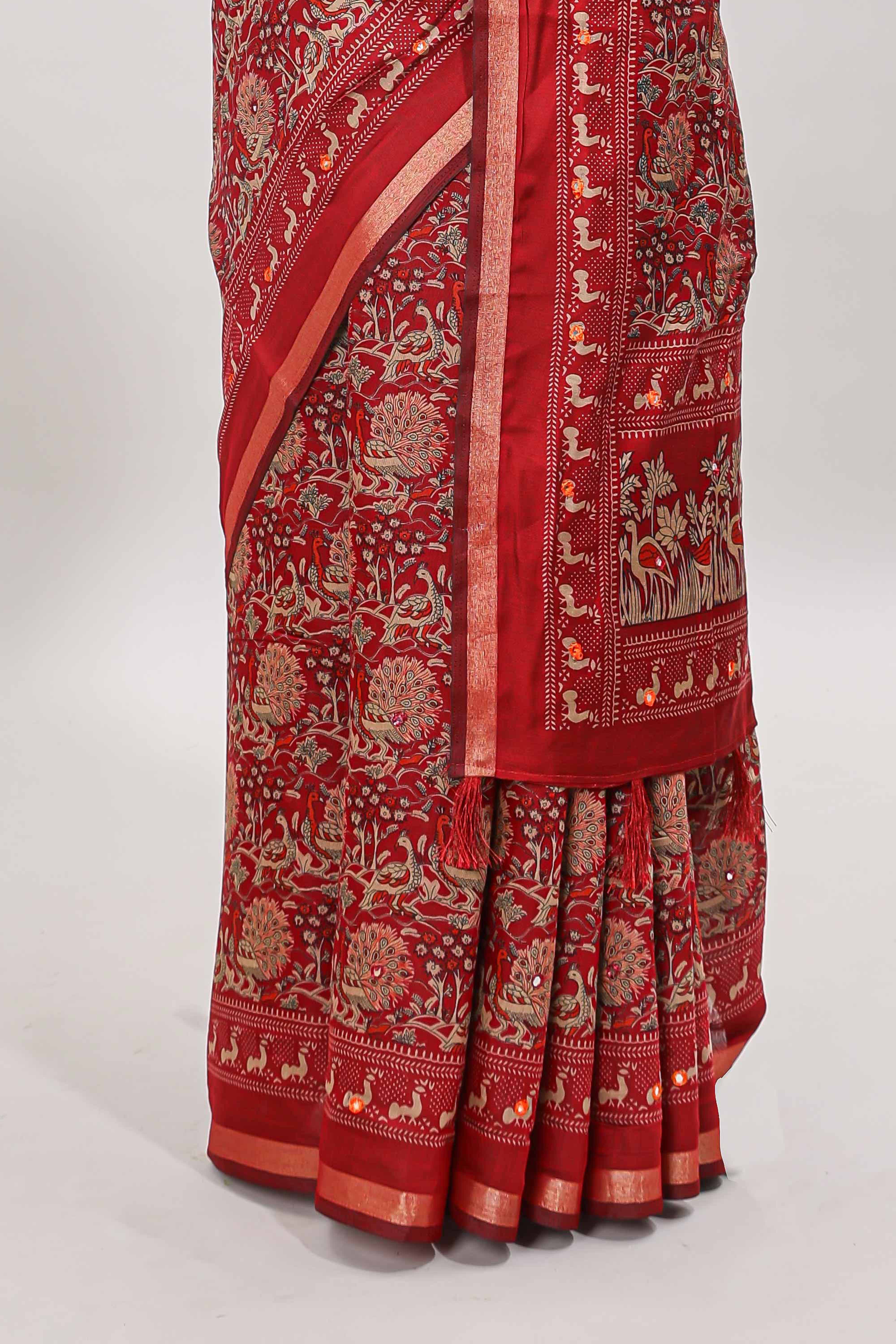 Maroon floral design mirror work viscose georgette saree with self zari border and printed blouse