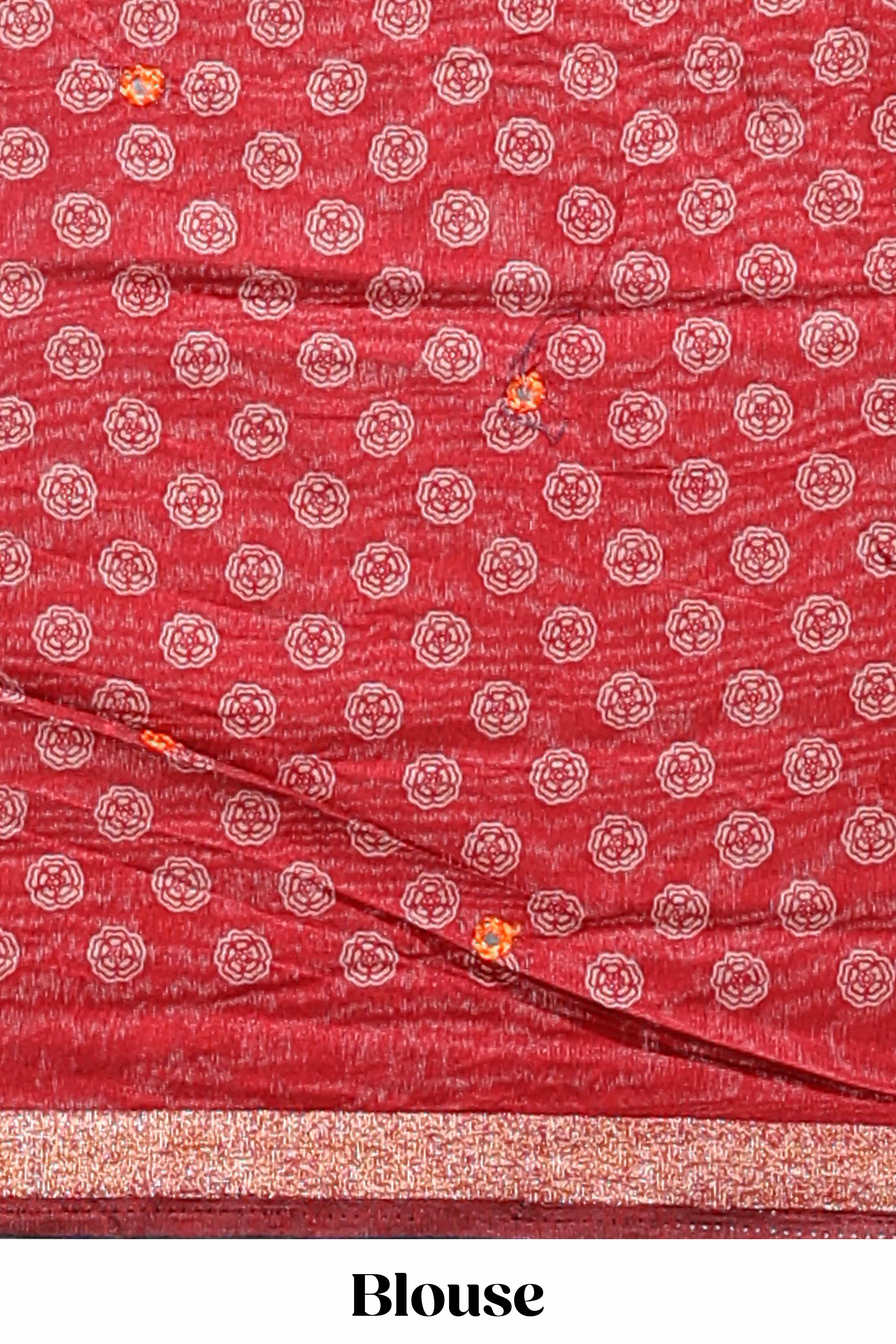Maroon floral design mirror work viscose georgette saree with self zari border and printed blouse