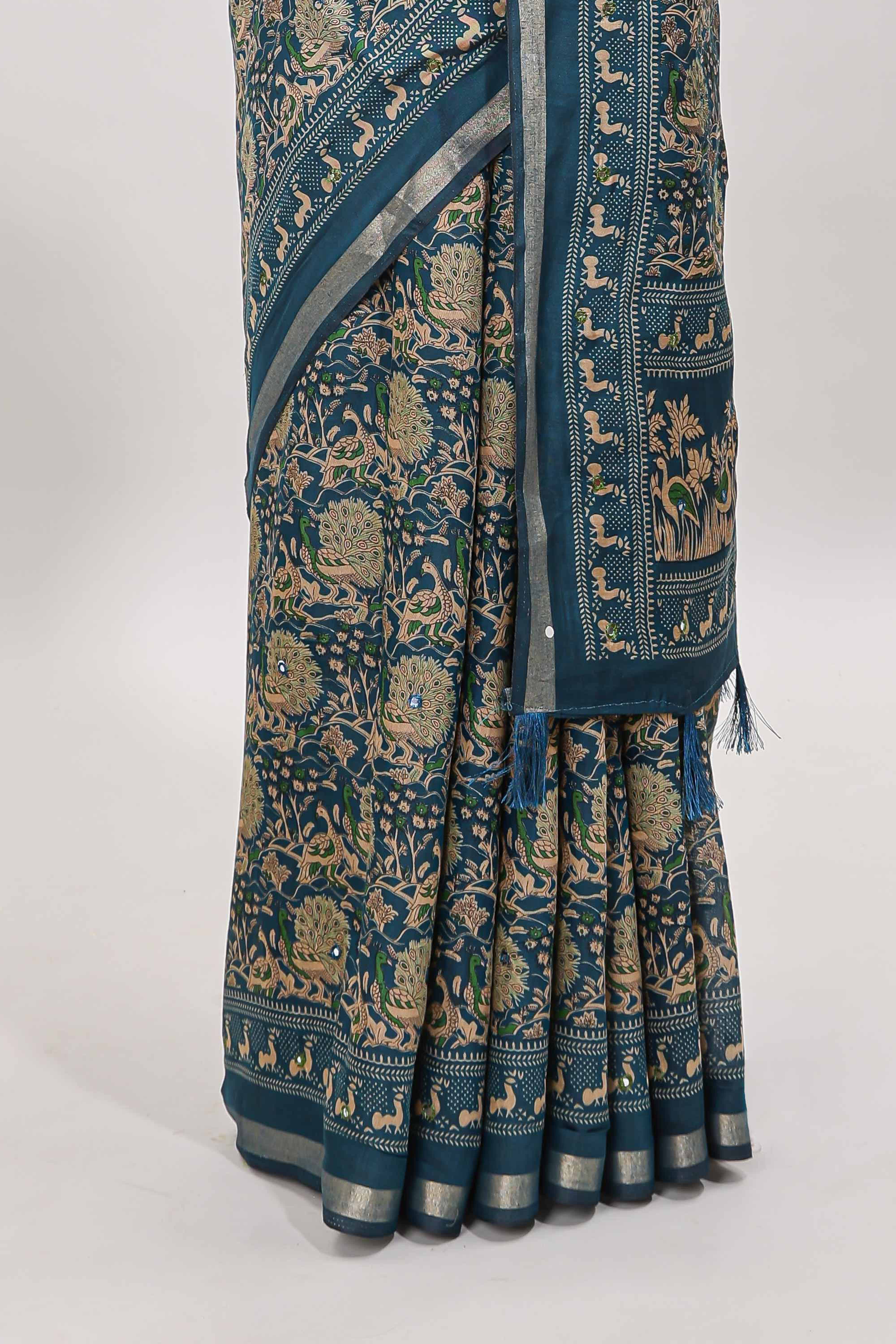 Midnight blue floral design mirror work viscose georgette saree with self zari border and printed blouse
