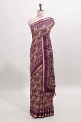 Purple floral design mirror work viscose georgette saree with self zari border and printed blouse