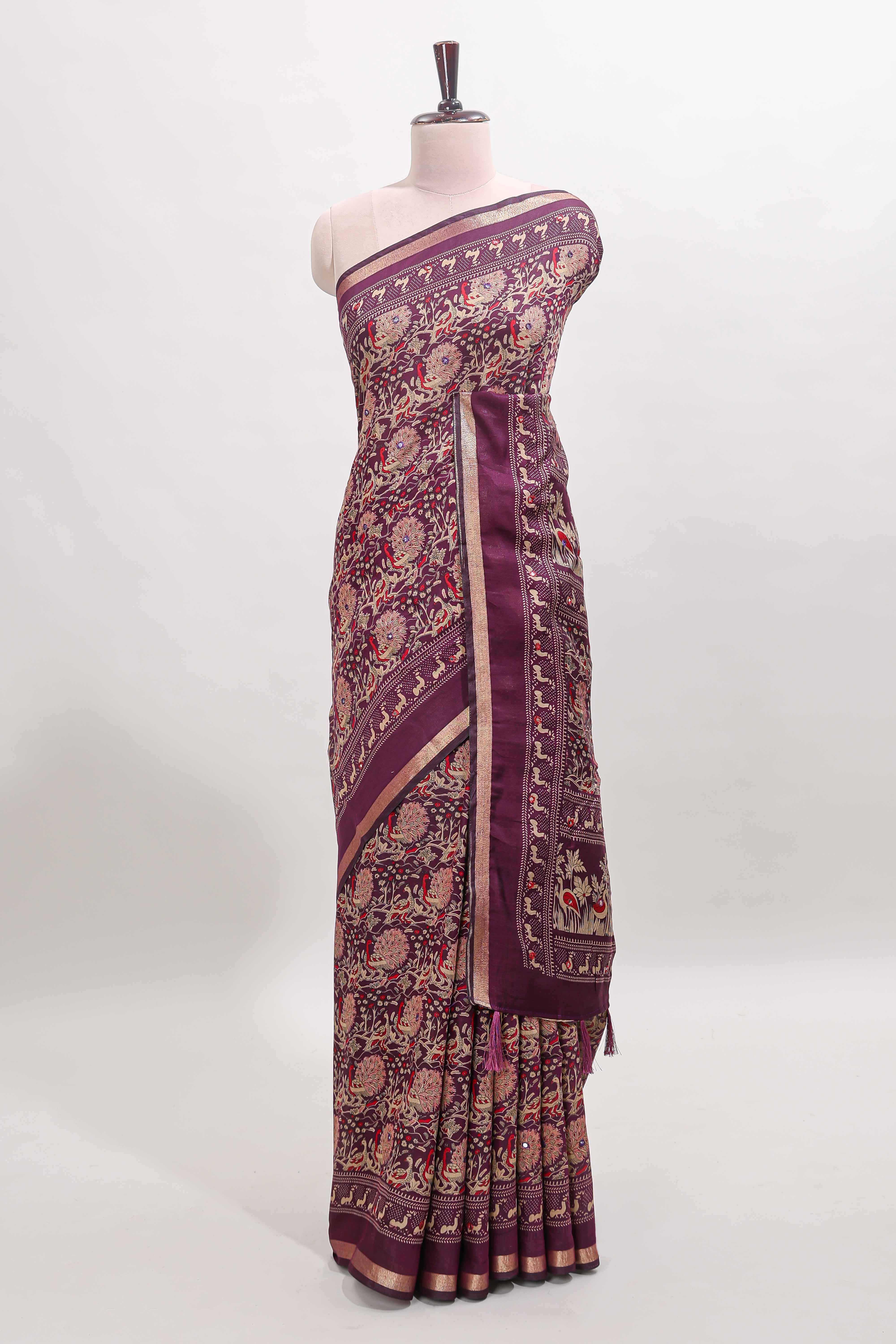 Purple floral design mirror work viscose georgette saree with self zari border and printed blouse