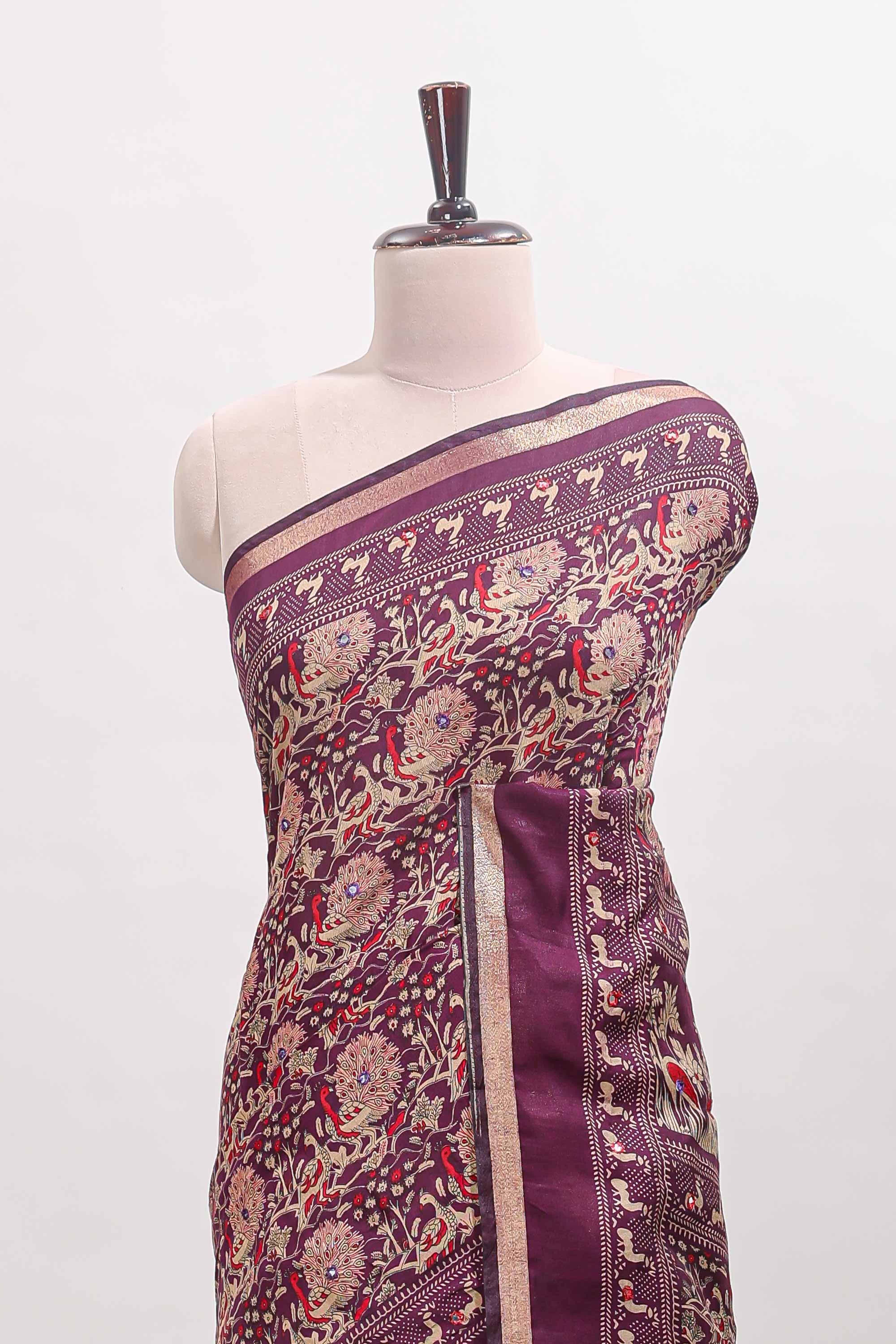 Purple floral design mirror work viscose georgette saree with self zari border and printed blouse