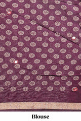 Purple floral design mirror work viscose georgette saree with self zari border and printed blouse